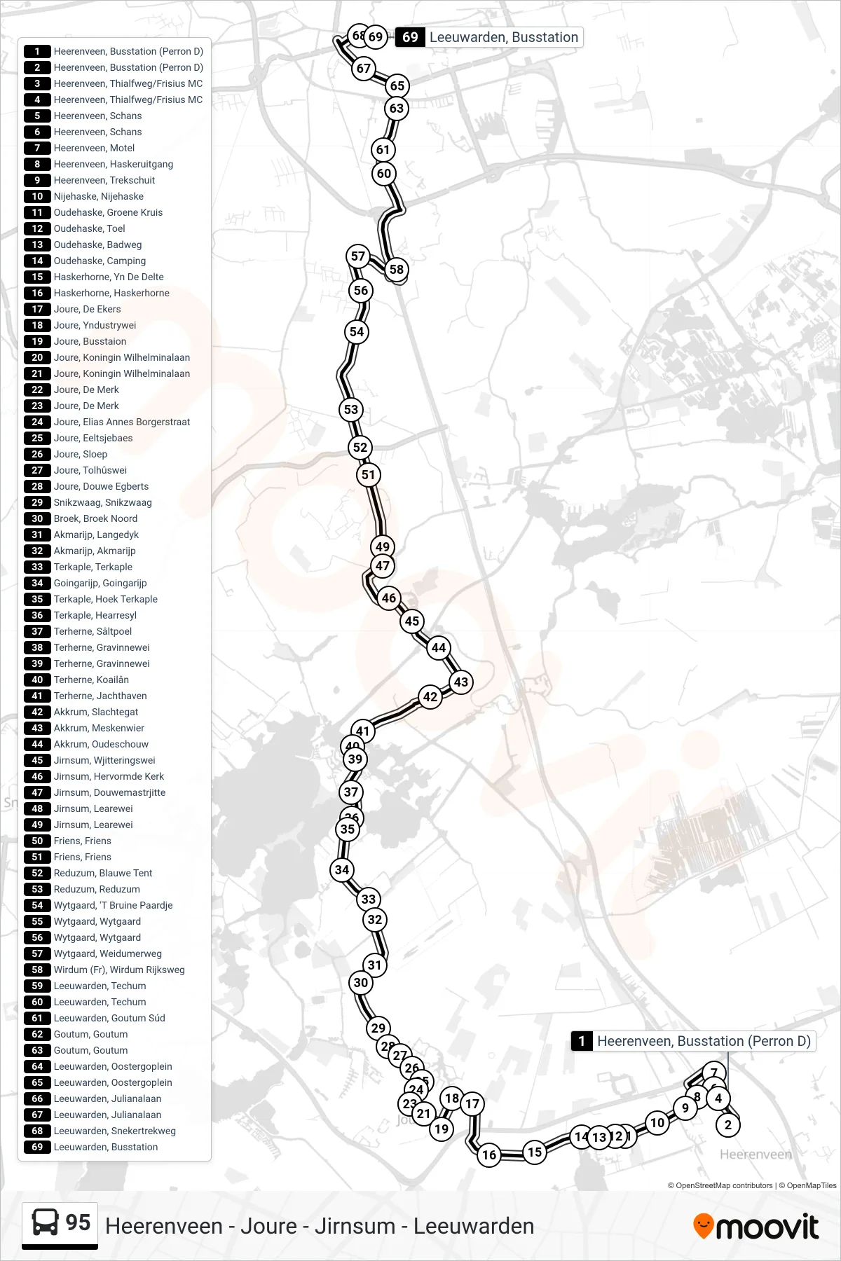 Lijn 95 (bus, Leeuwarden): route en haltes op de kaart