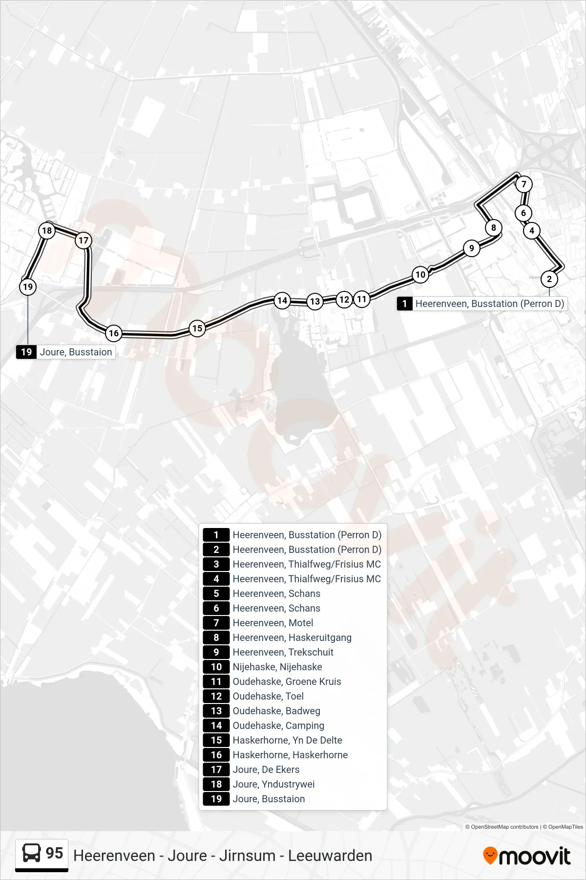 Lijn 95 (bus, Joure Busstation): route en haltes op de kaart