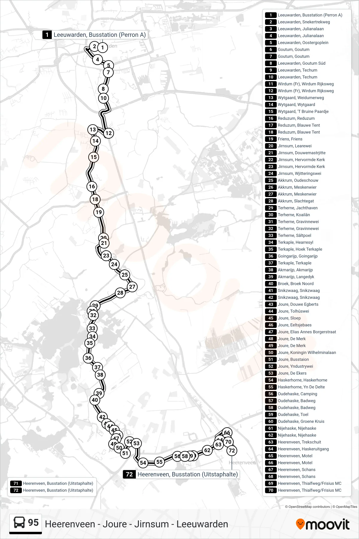 Lijn 95 (bus, Joure - Heerenveen): route en haltes op de kaart