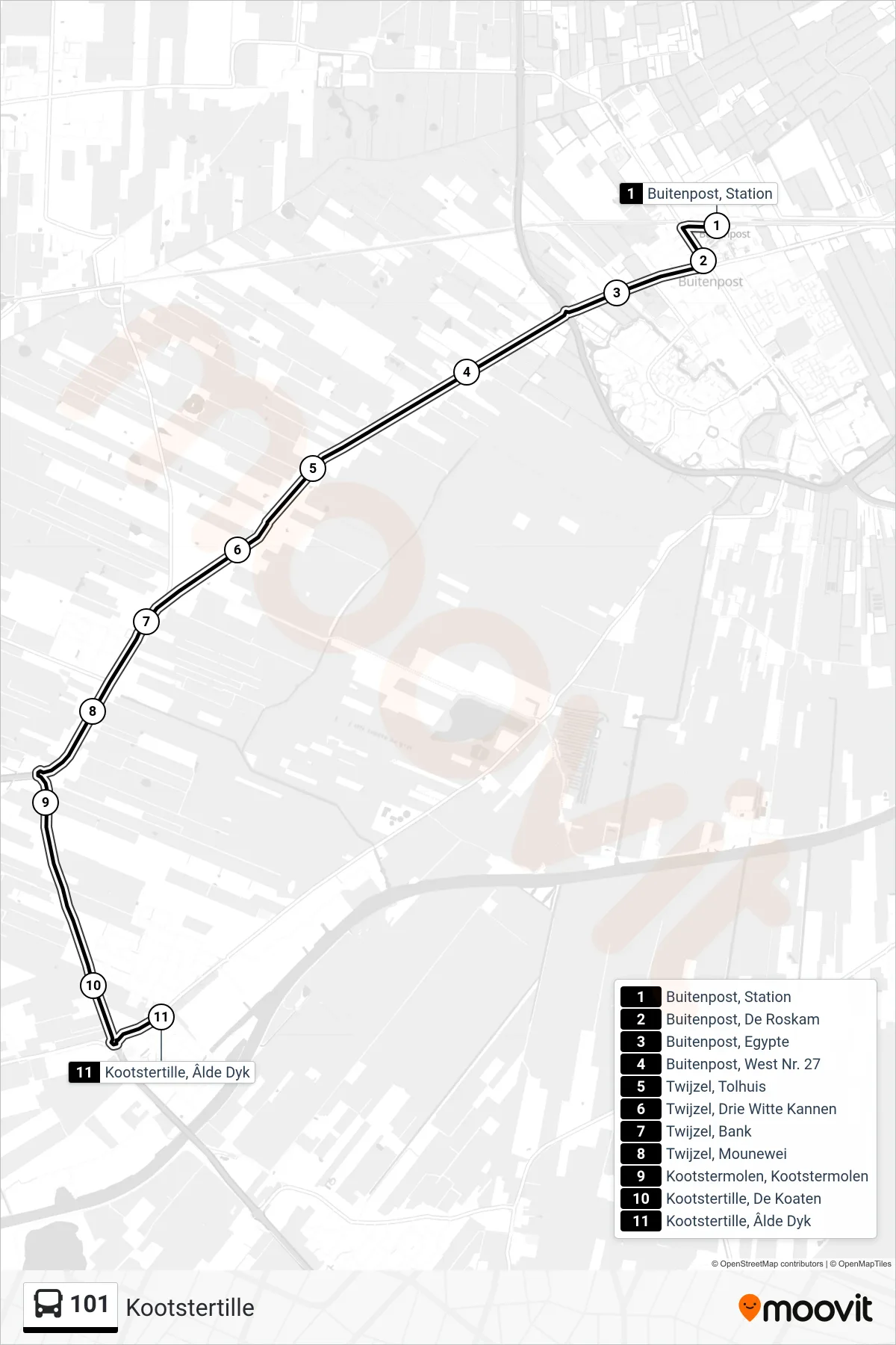 101 bus Line (Kootstertille) route and stops on a map