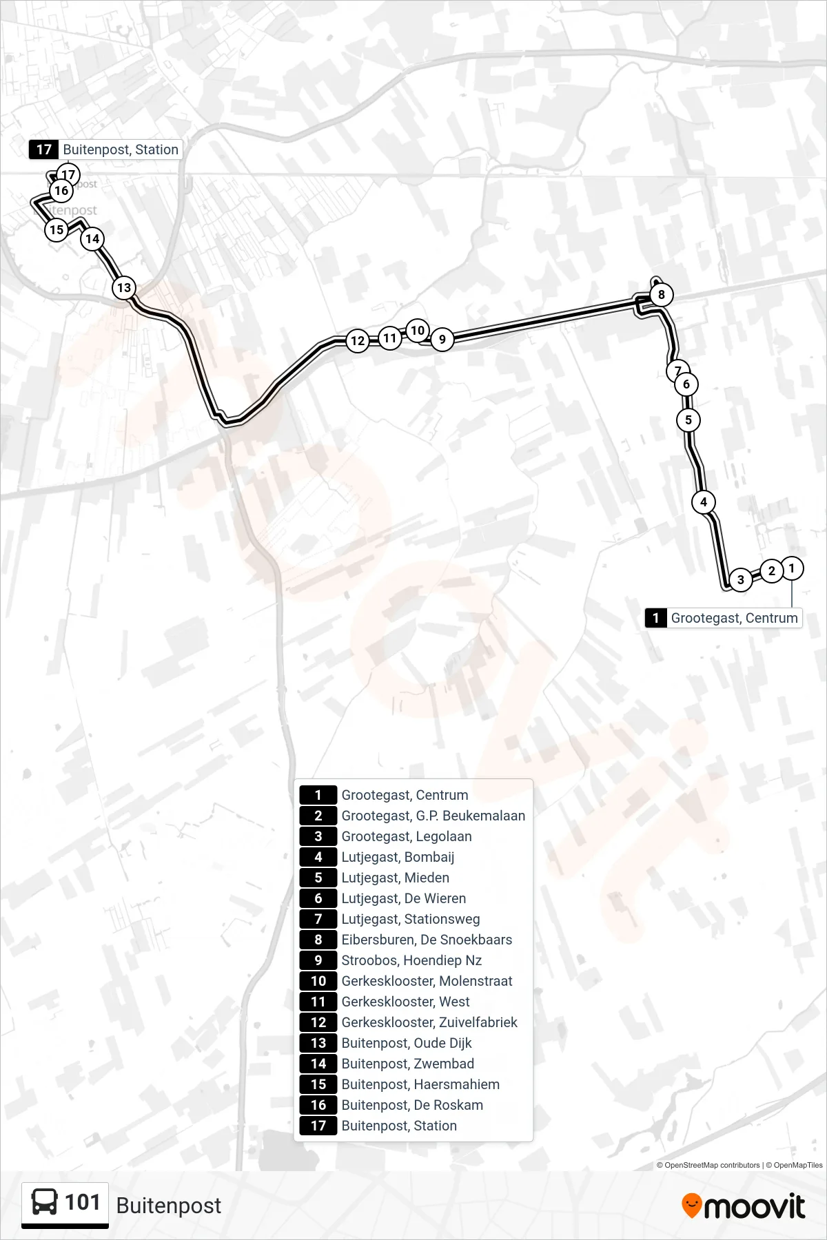 Lijn 101 (bus, Buitenpost): route en haltes op de kaart