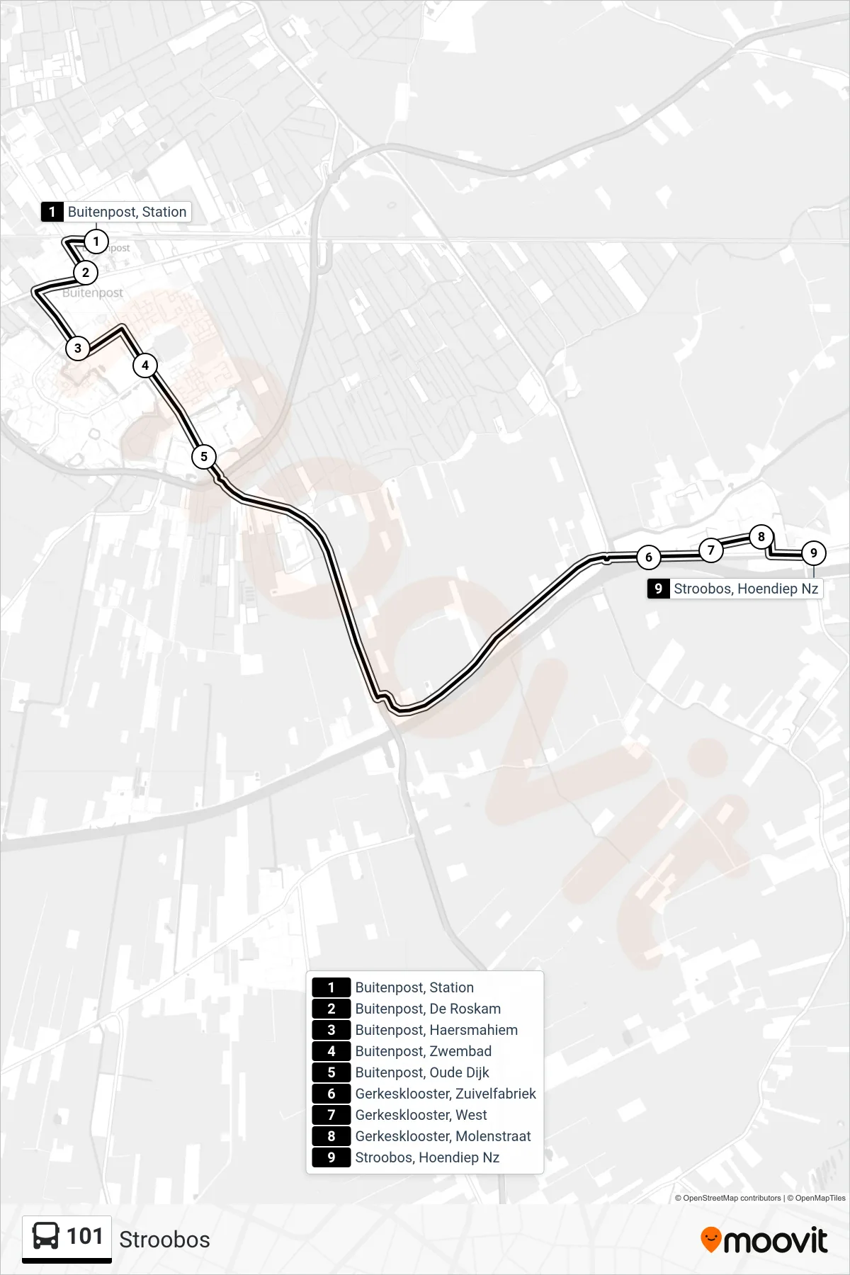 101 bus Line (Stroobos) route and stops on a map