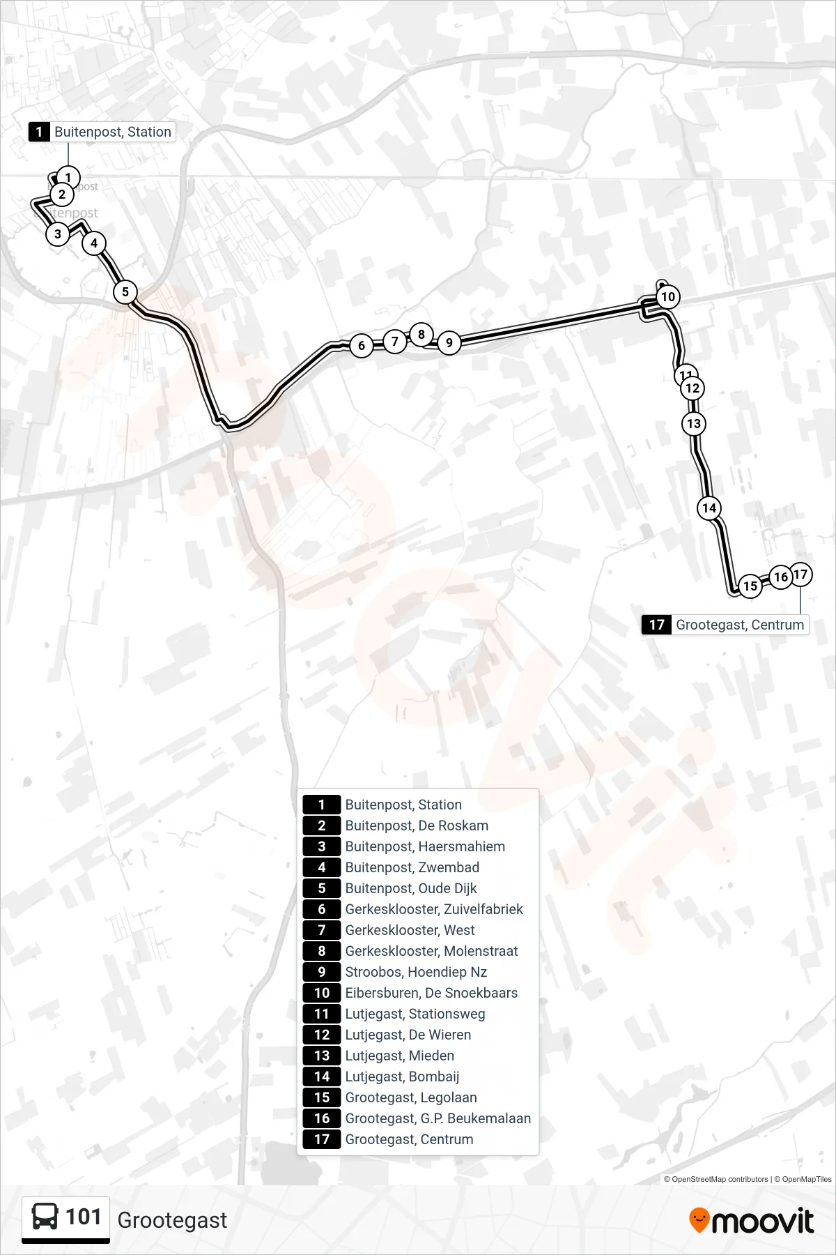 Lijn 101 (bus, Grootegast): route en haltes op de kaart