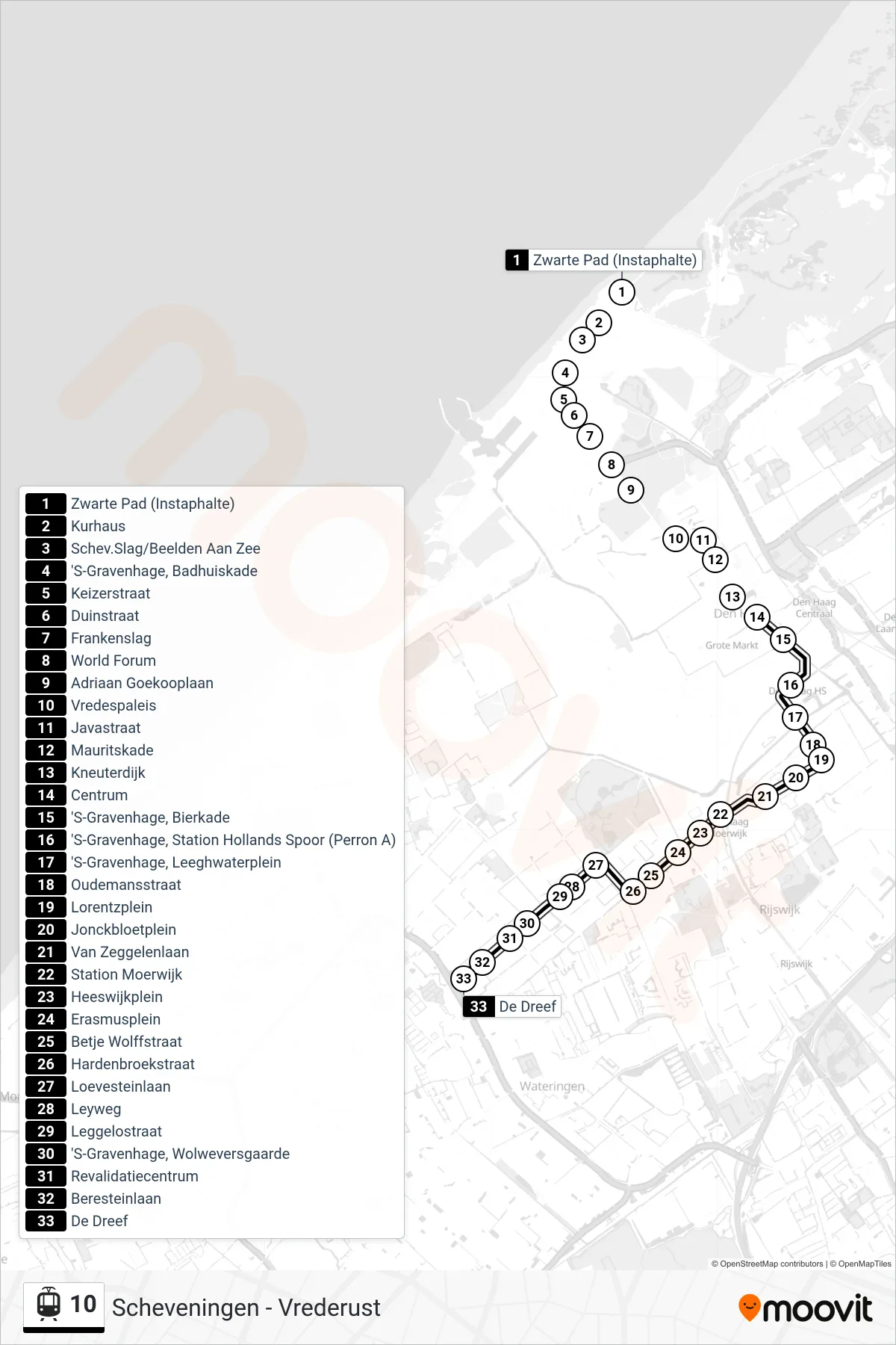 10 light rail Line (Vrederust) route and stops on a map