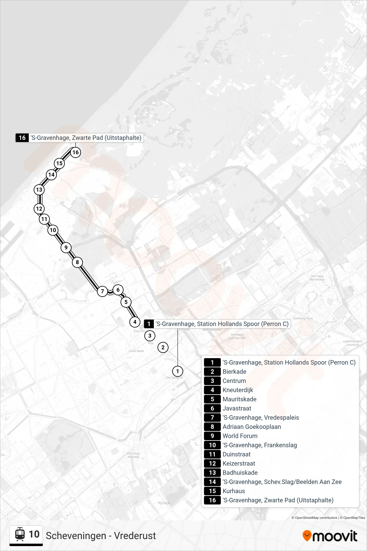 Lijn 10 (tram, Scheveningen Noord): route en haltes op de kaart
