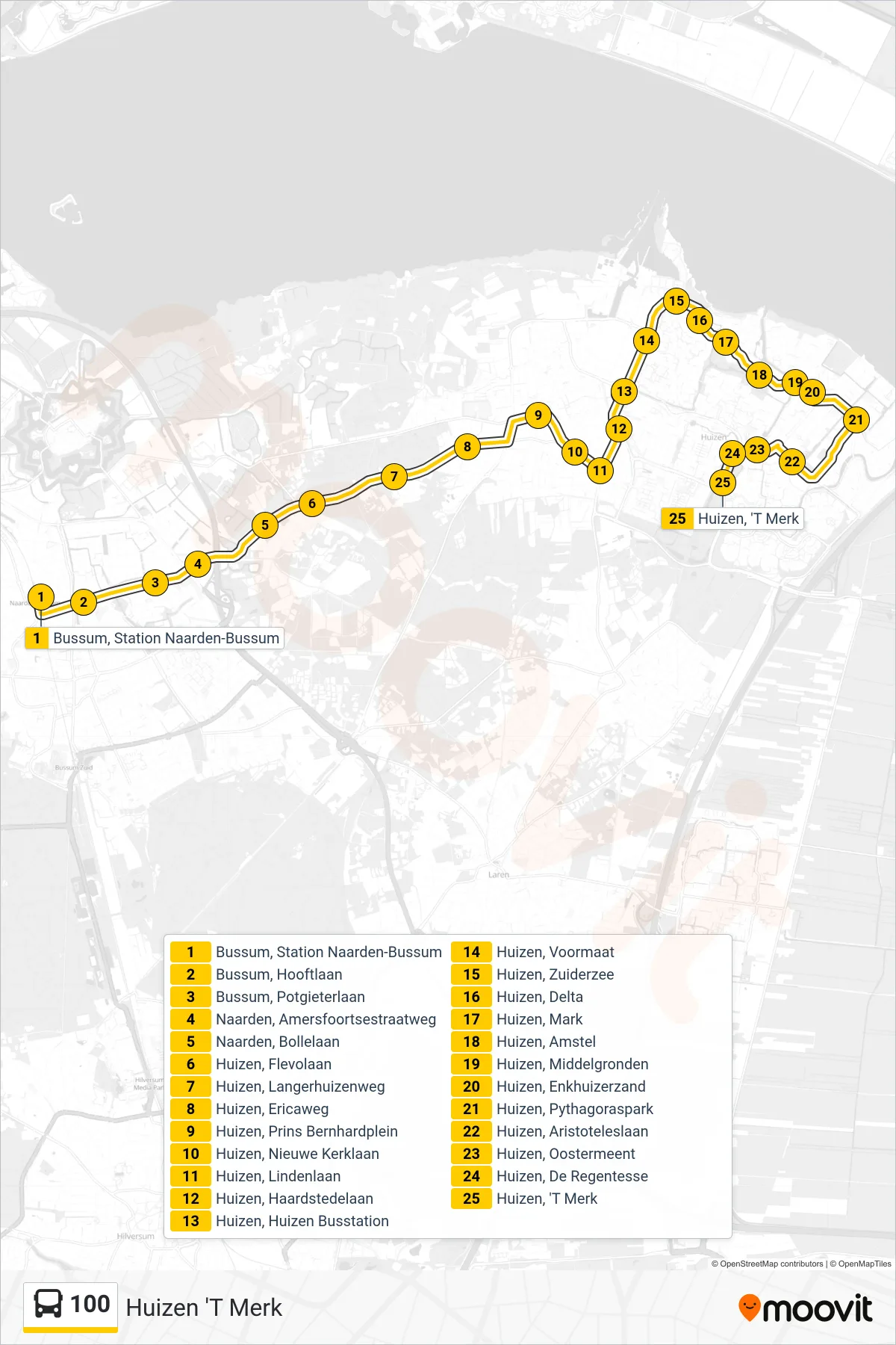 Lijn 100 (bus, Huizen 'T Merk): route en haltes op de kaart