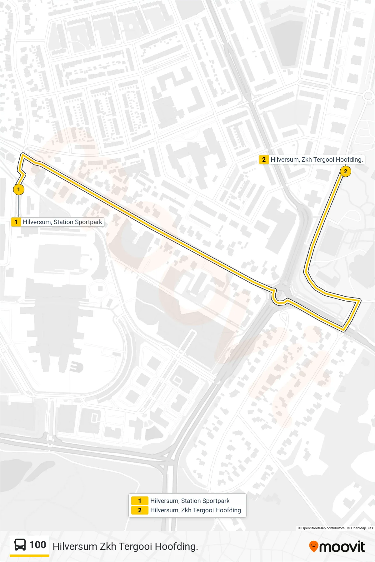 Lijn 100 (bus, Hilversum Zkh Tergooi Hoofding.): route en haltes op de kaart