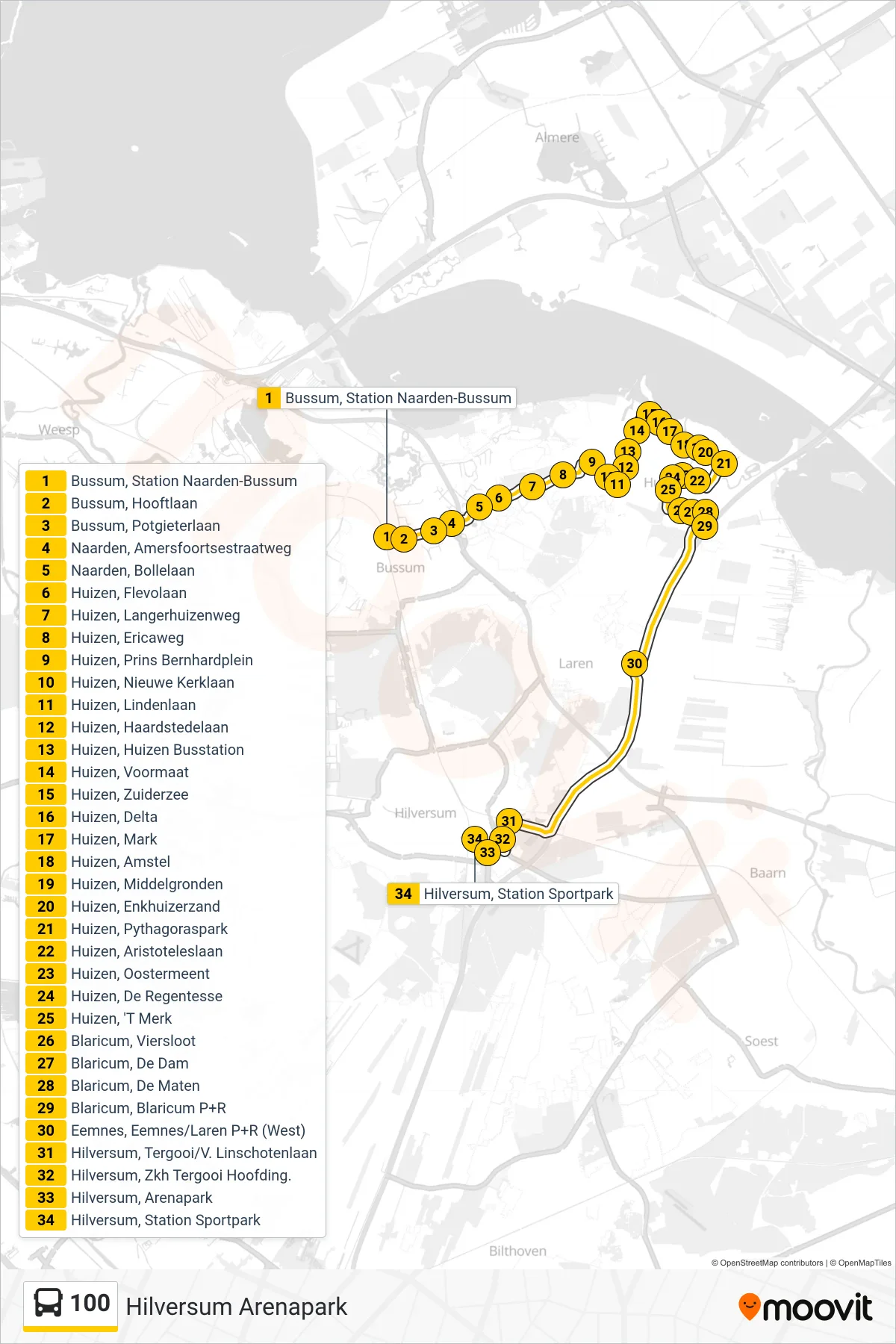 Lijn 100 (bus, Hilversum Arenapark): route en haltes op de kaart