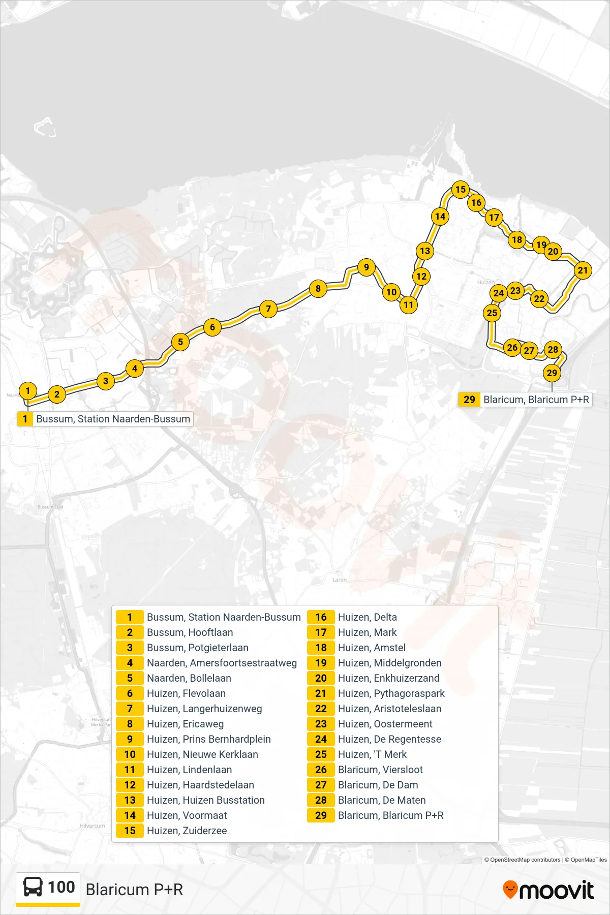 Lijn 100 (bus, Blaricum P+R): route en haltes op de kaart