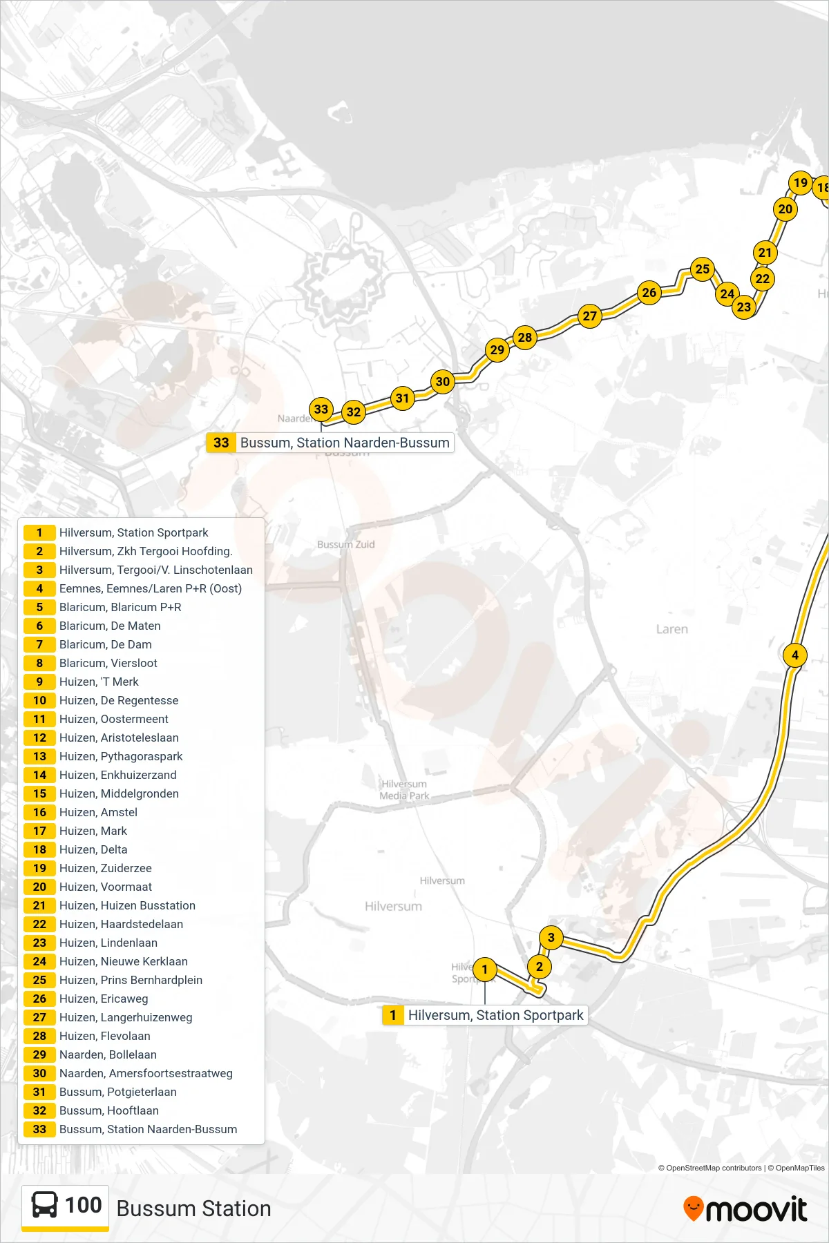 100 bus Line (Bussum Station) route and stops on a map