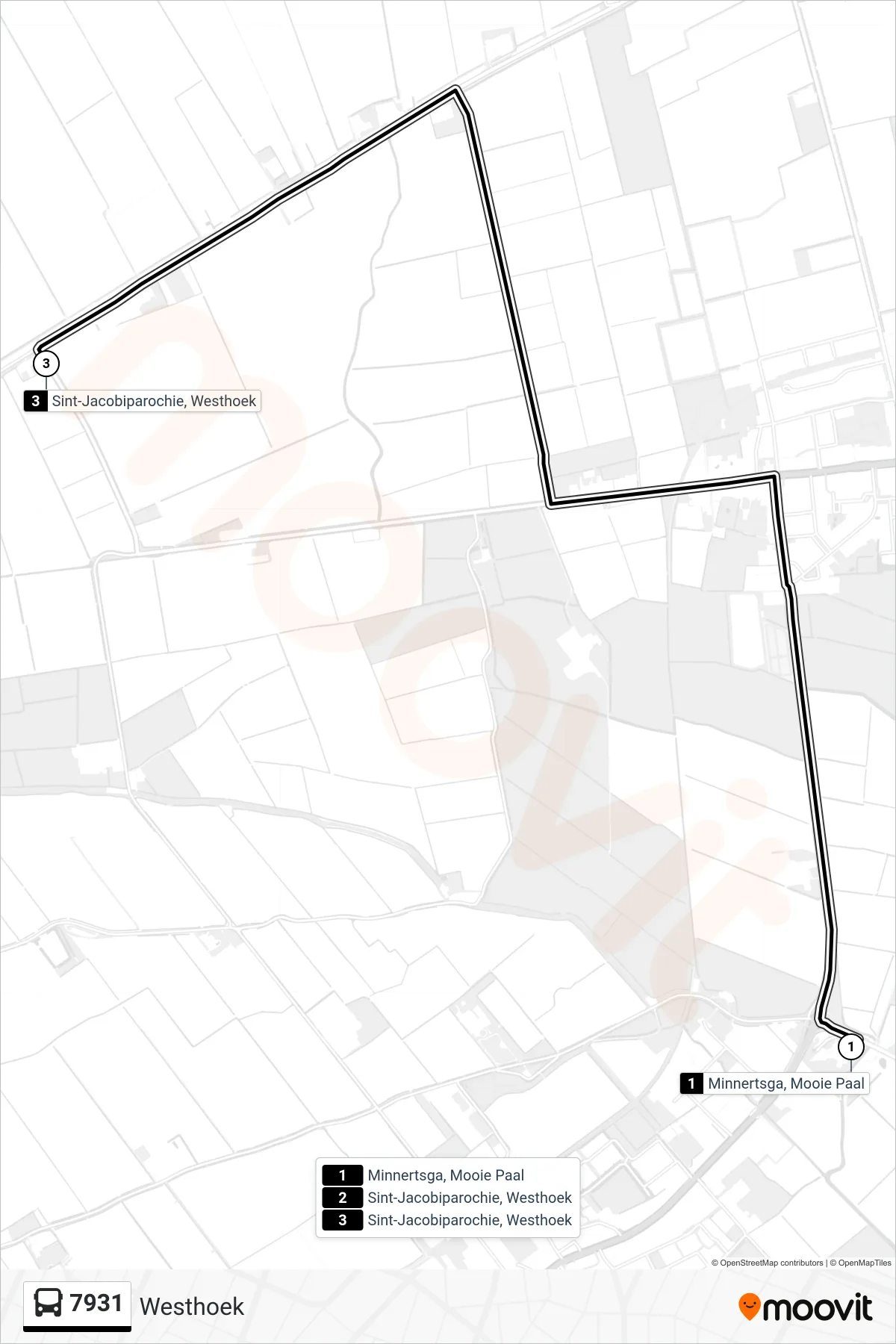 Lijn 7931 (bus, Westhoek): route en haltes op de kaart