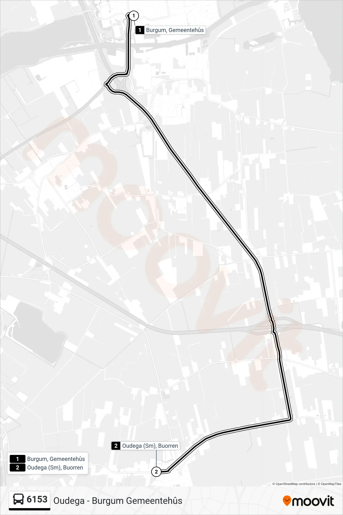6153 bus Line (Oudega) route and stops on a map