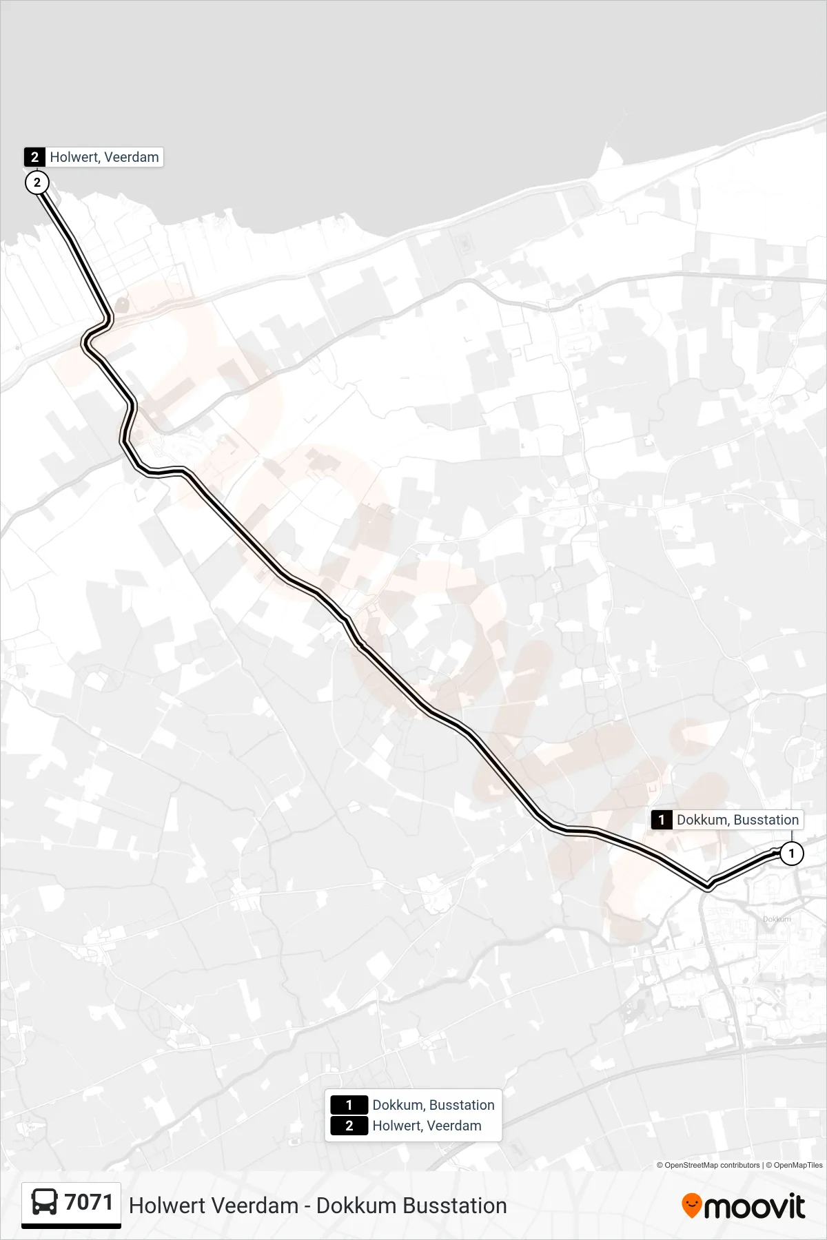7071 bus Line (Holwerd Haven) route and stops on a map