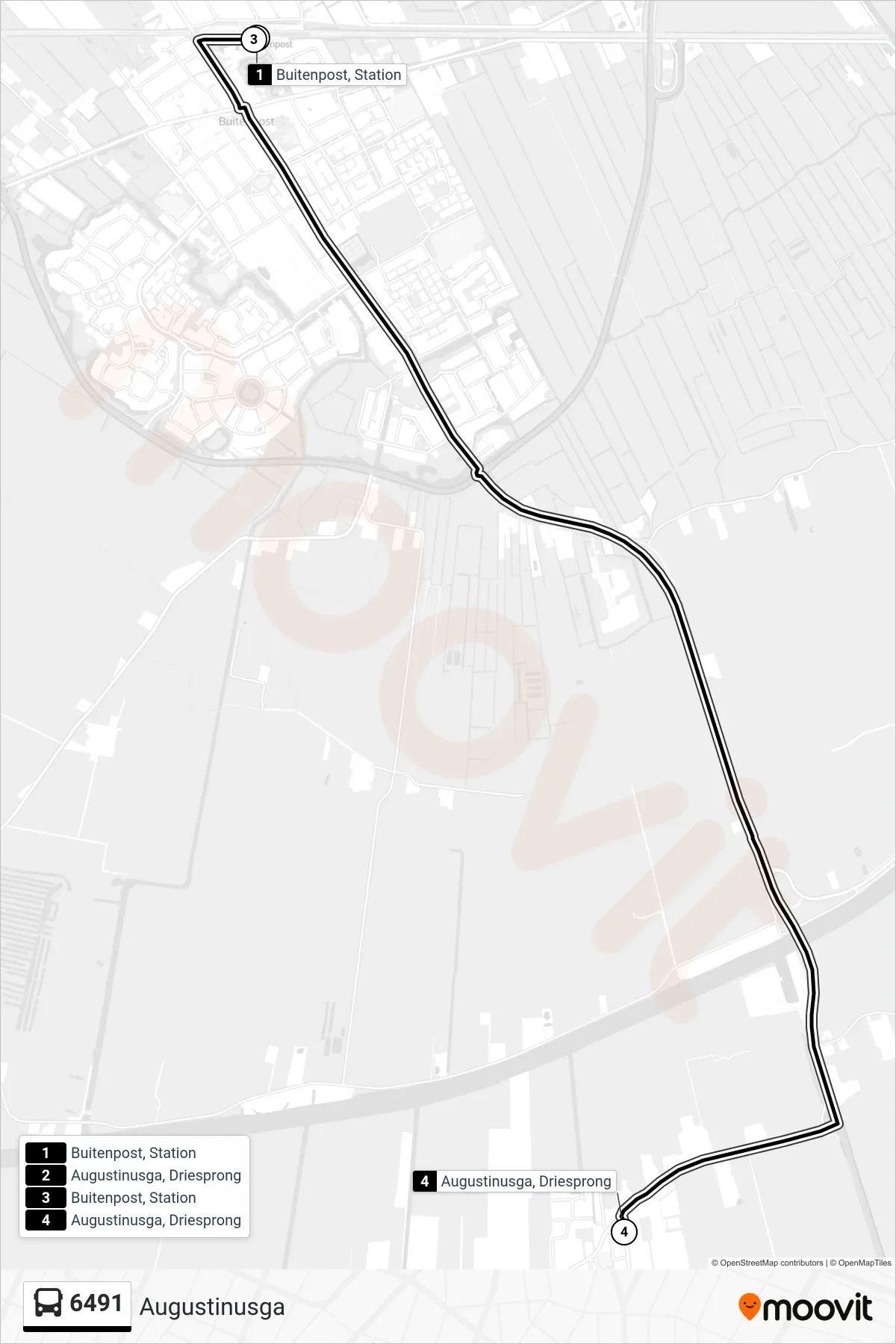 6491 bus Line (Augustinusga) route and stops on a map