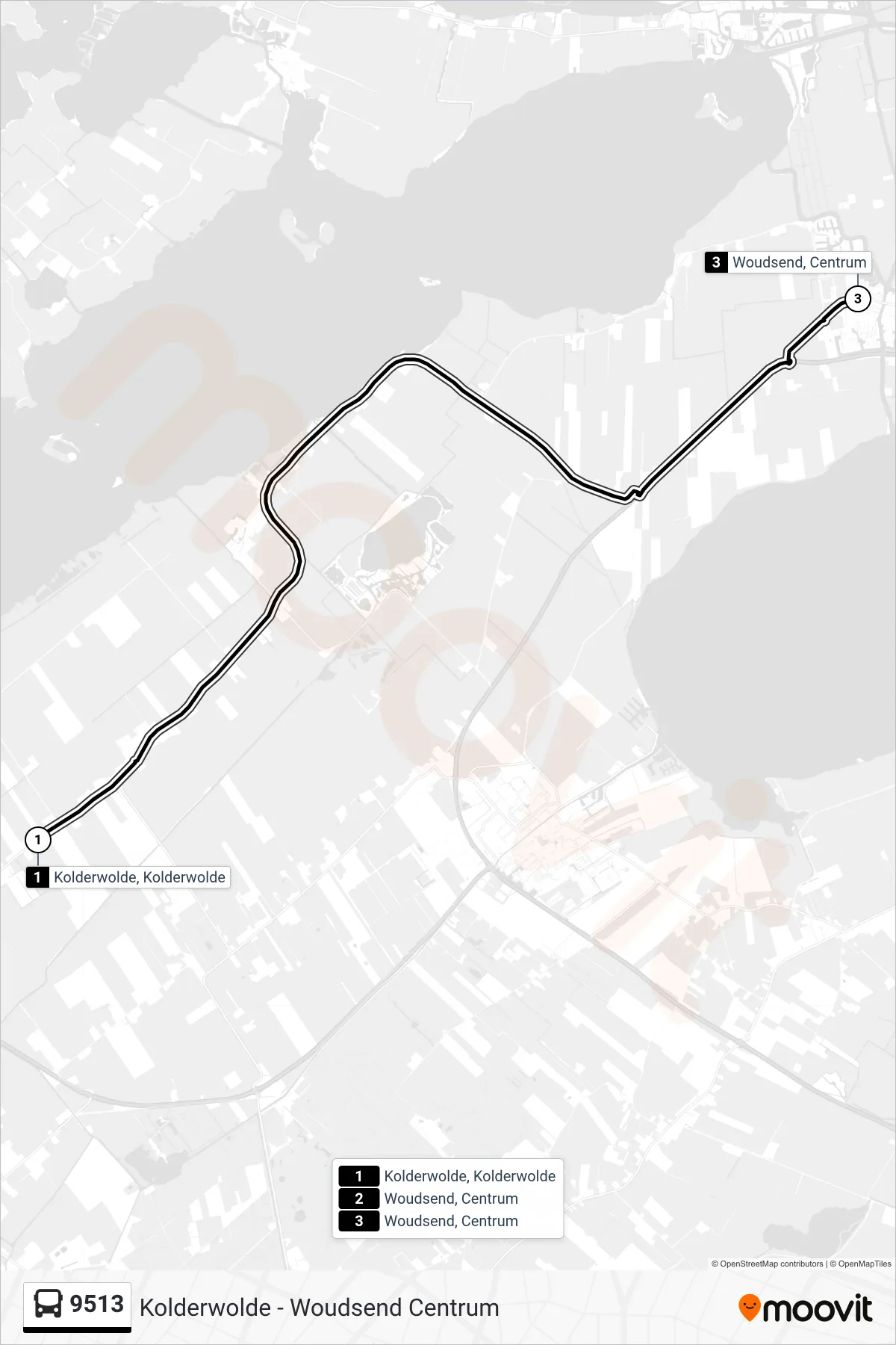 9513 bus Line (Woudsend) route and stops on a map