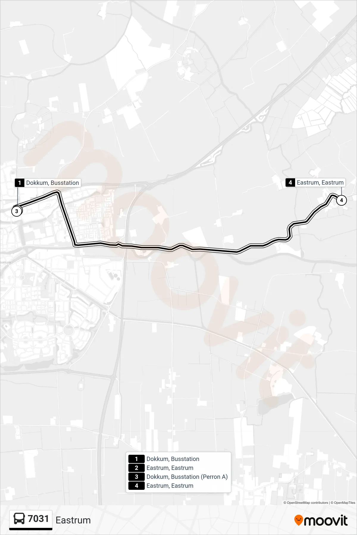 7031 bus Line (Eastrum) route and stops on a map
