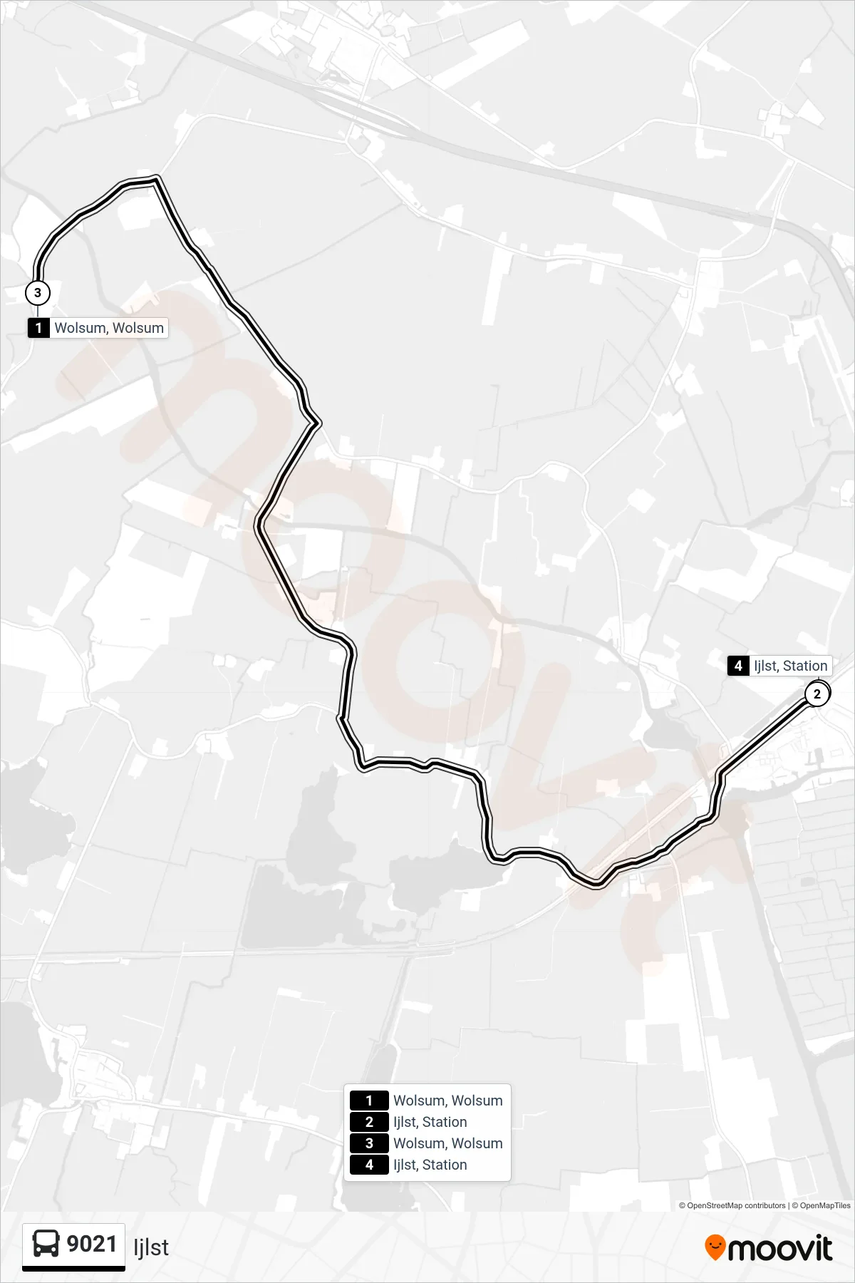 Lijn 9021 (bus, Ijlst): route en haltes op de kaart