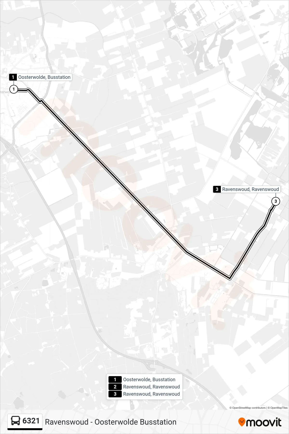 6321 bus Line (Ravenswoud) route and stops on a map