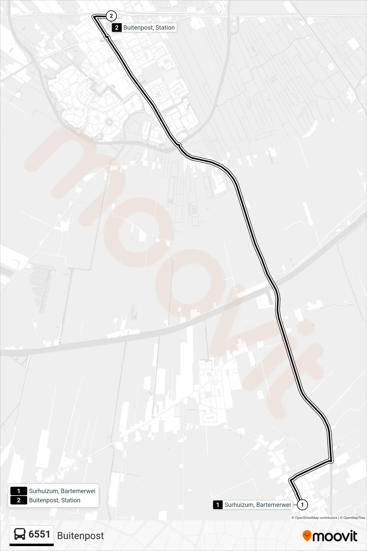 6551 bus Line (Buitenpost) route and stops on a map