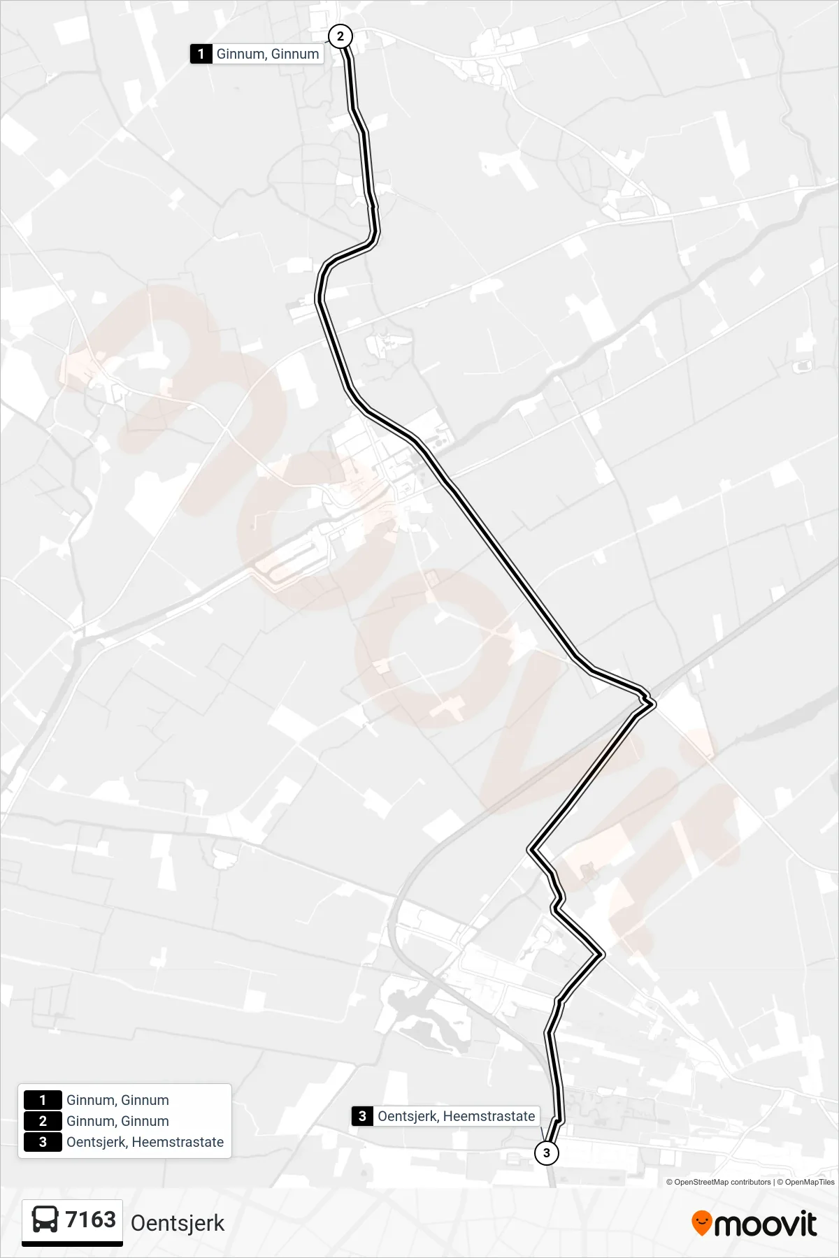 Lijn 7163 (bus, Oentsjerk): route en haltes op de kaart
