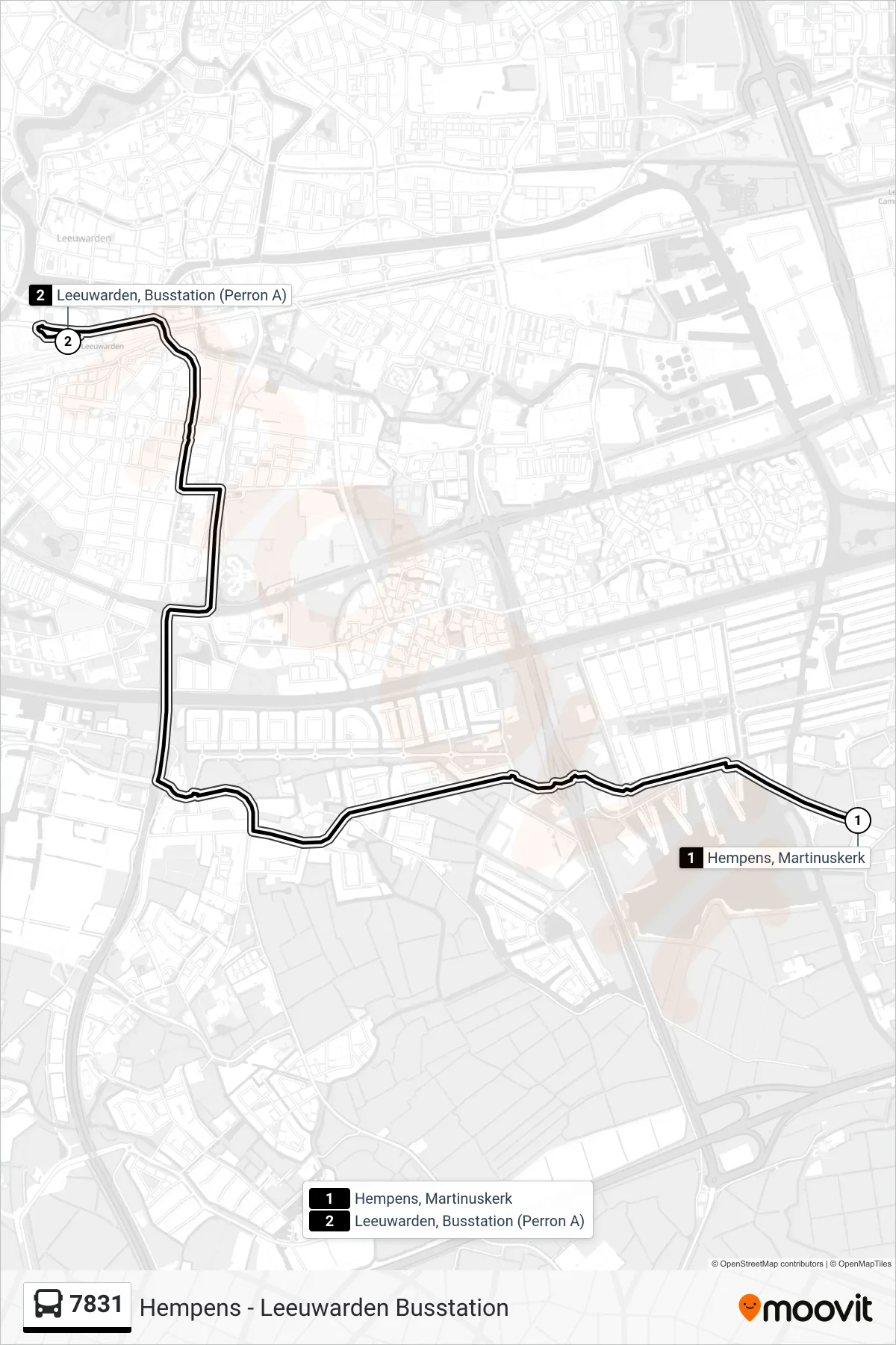 7831 bus Line (Leeuwarden) route and stops on a map