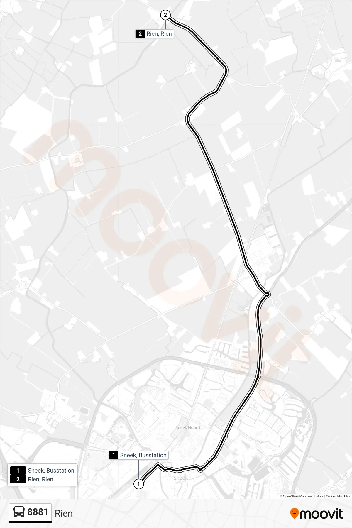 Lijn 8881 (bus, Rien): route en haltes op de kaart