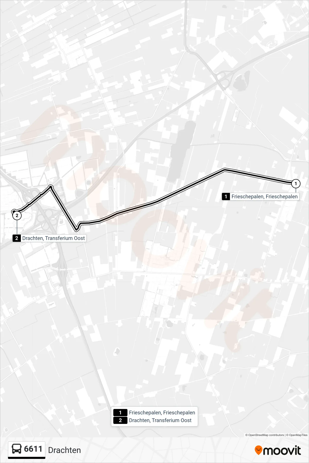 Lijn 6611 (bus, Drachten): route en haltes op de kaart