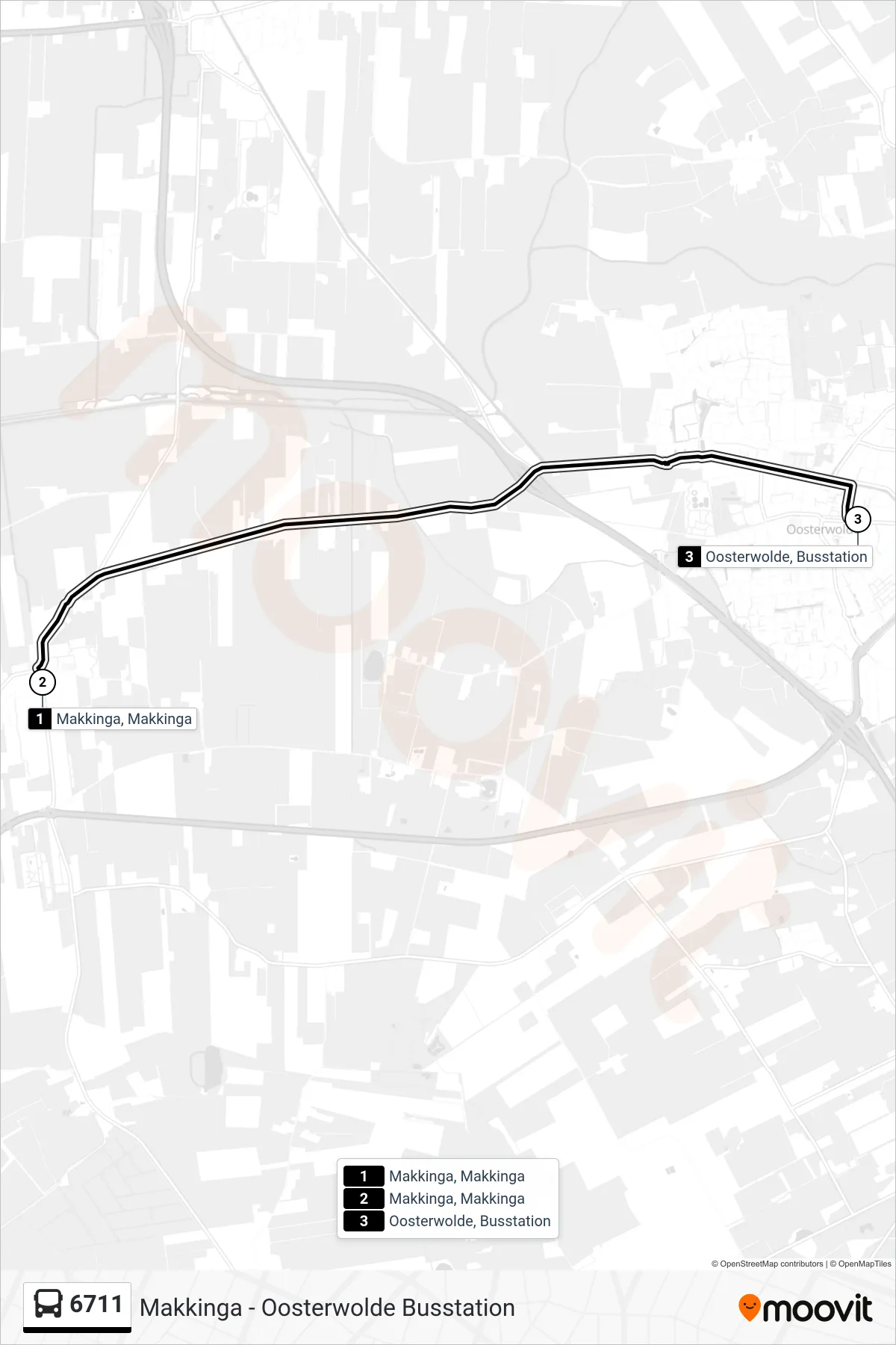 6711 bus Line (Oosterwolde) route and stops on a map