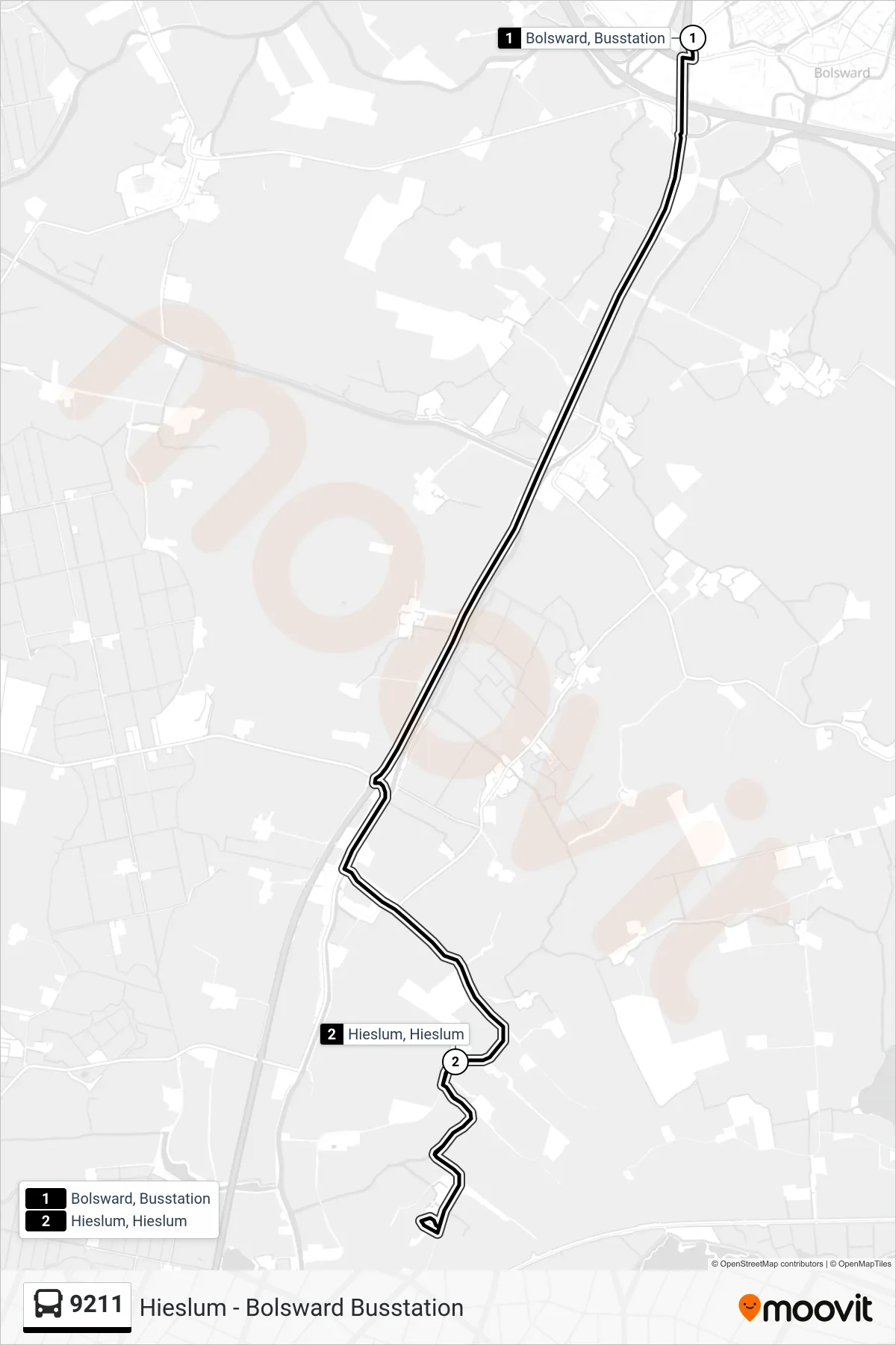 9211 bus Line (Hieslum) route and stops on a map