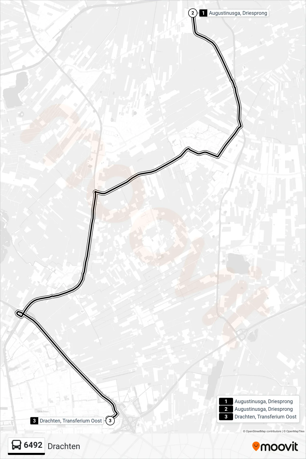 6492 bus Line (Drachten) route and stops on a map