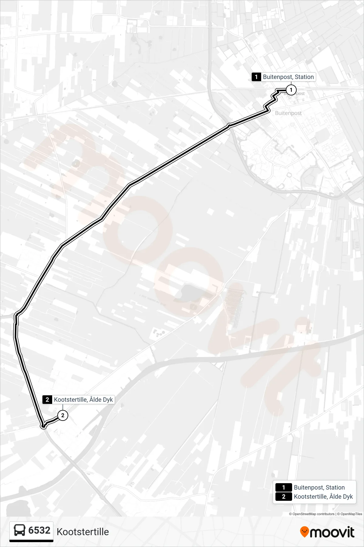 6532 bus Line (Kootstertille) route and stops on a map