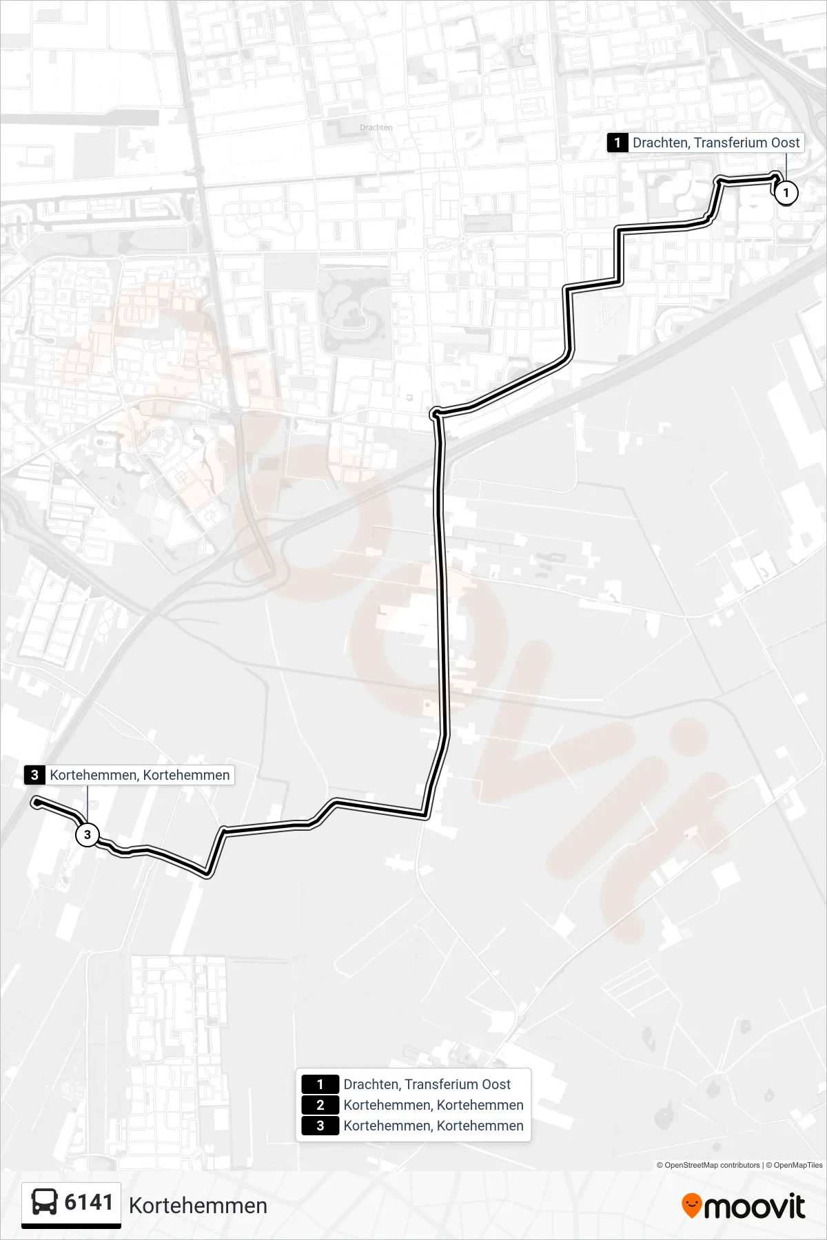 6141 bus Line (Kortehemmen) route and stops on a map