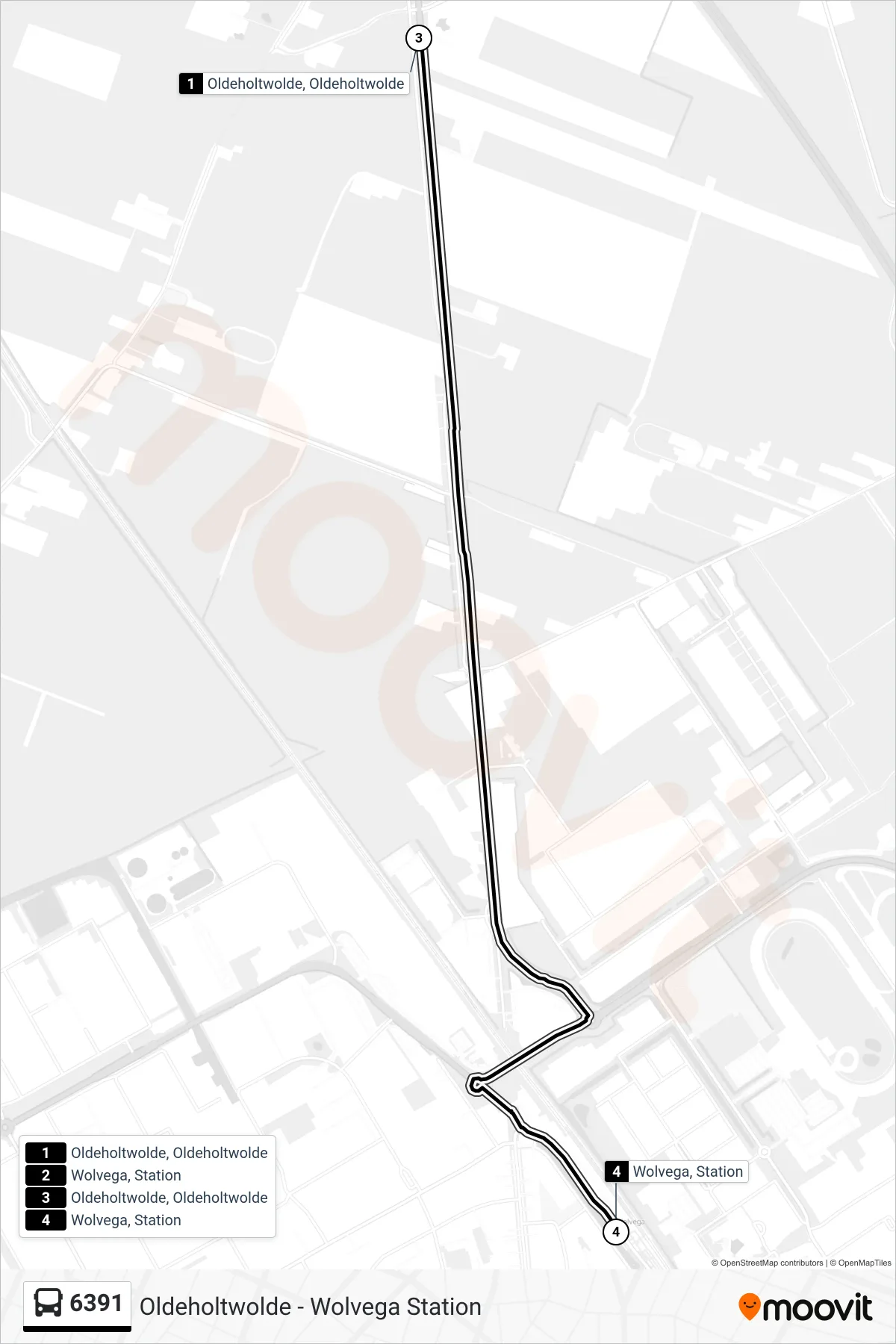 6391 bus Line (Wolvega) route and stops on a map
