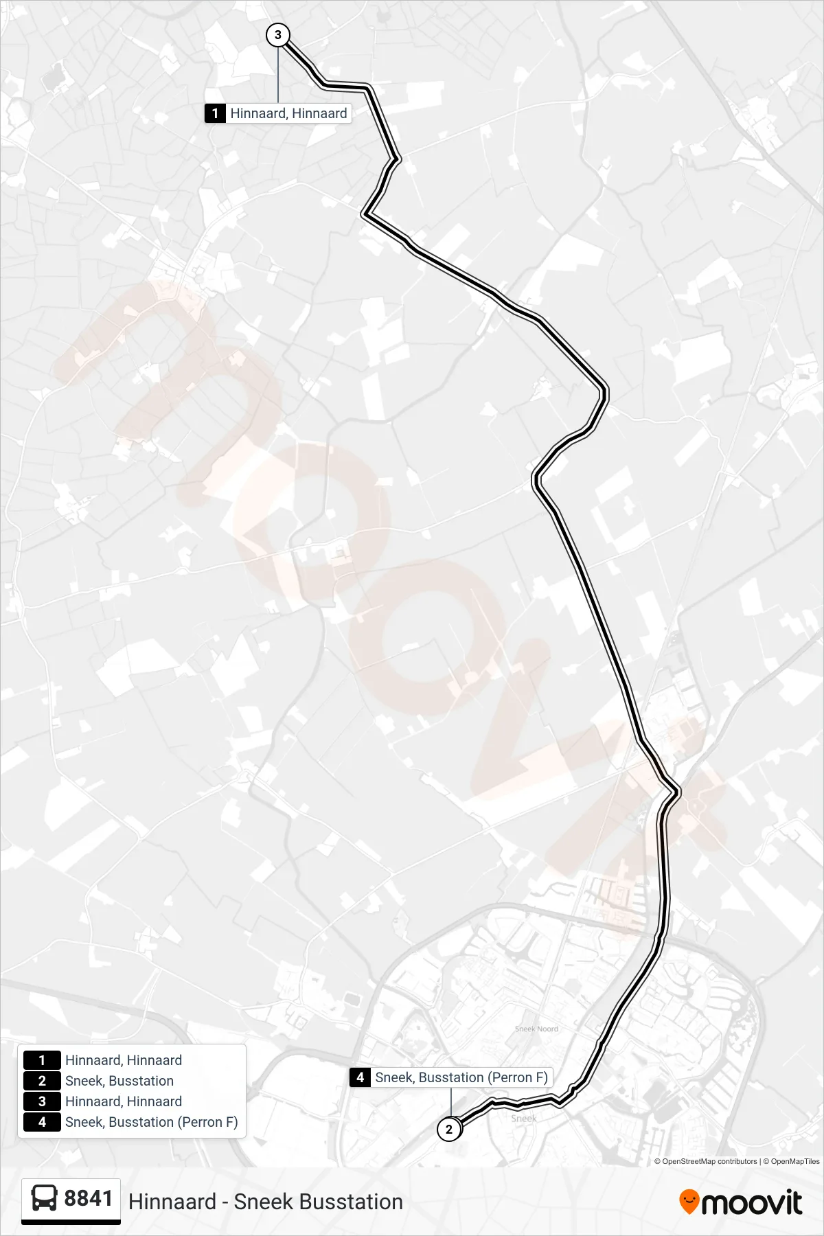 8841 bus Line (Sneek) route and stops on a map