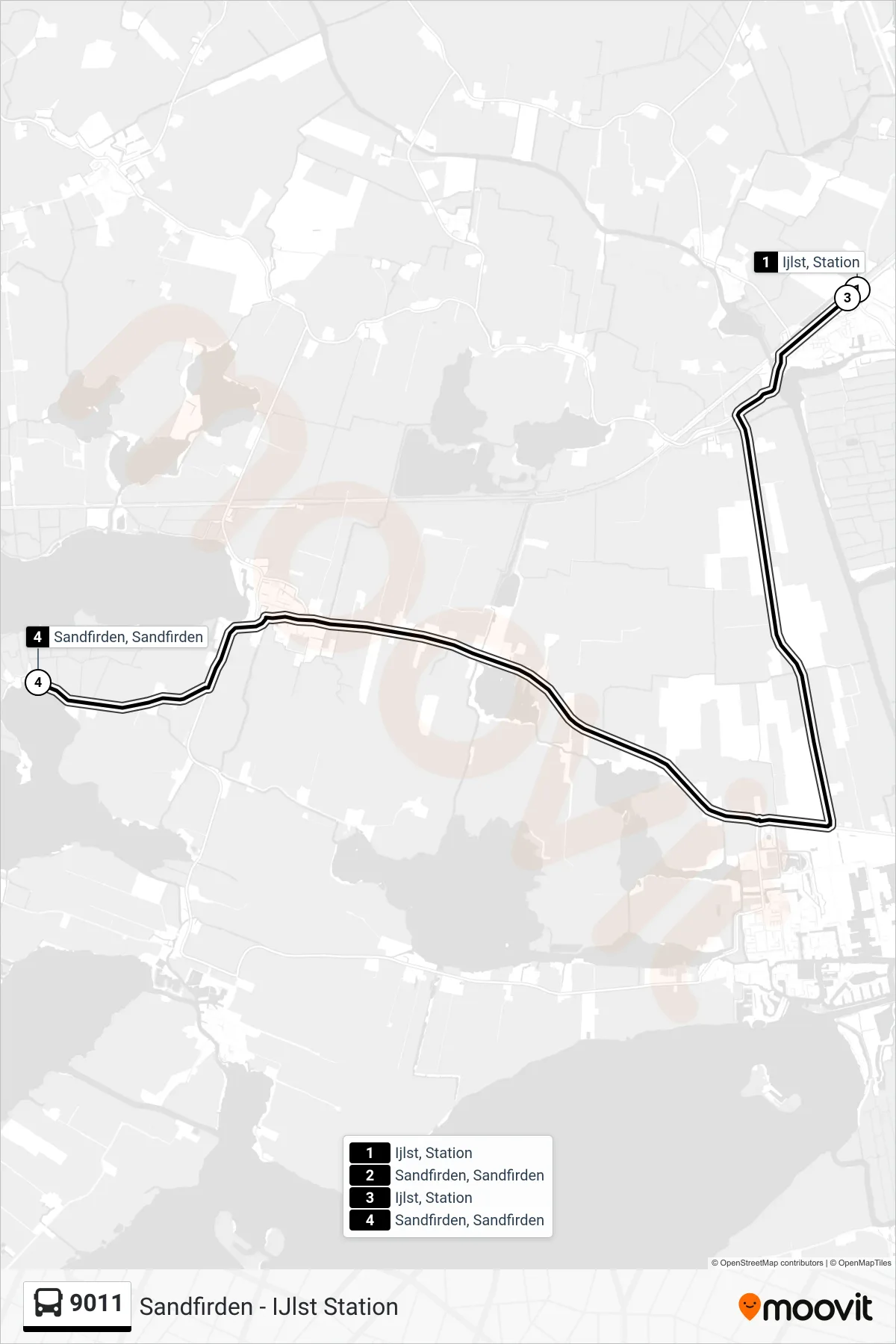 9011 bus Line (Sandfirden) route and stops on a map