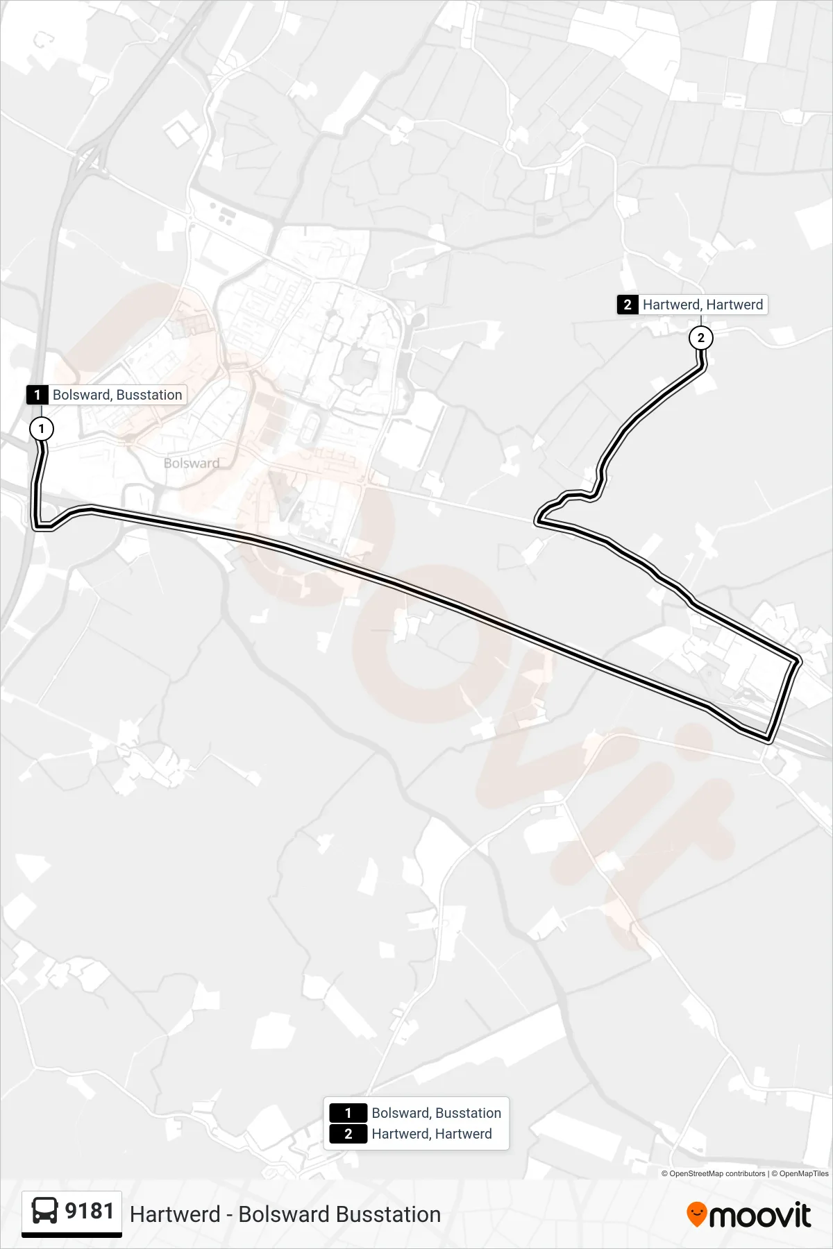 9181 bus Line (Hartwerd) route and stops on a map