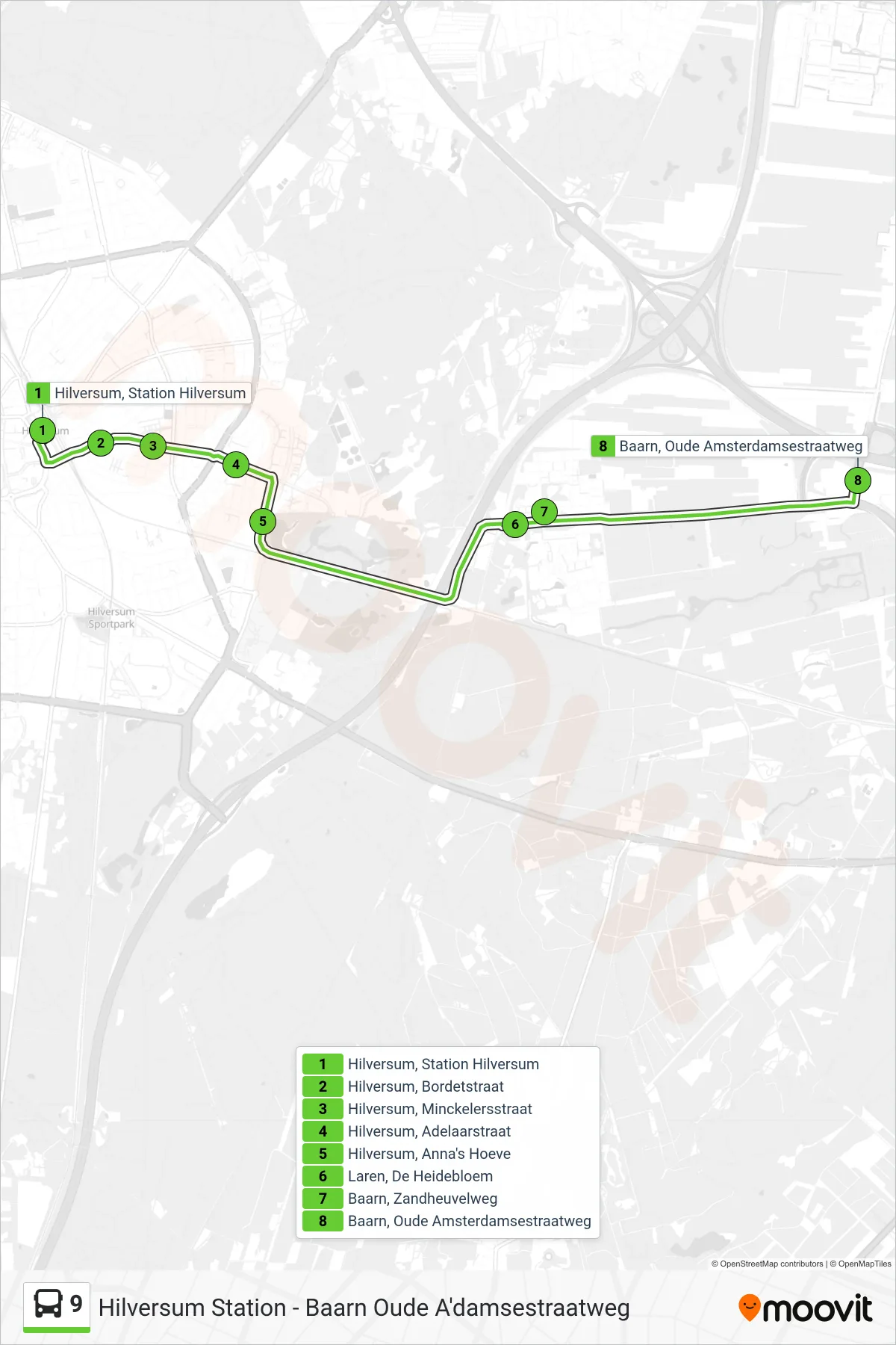 Lijn 9 (bus, Baarn Oude Amsterdamsestraatweg): route en haltes op de kaart