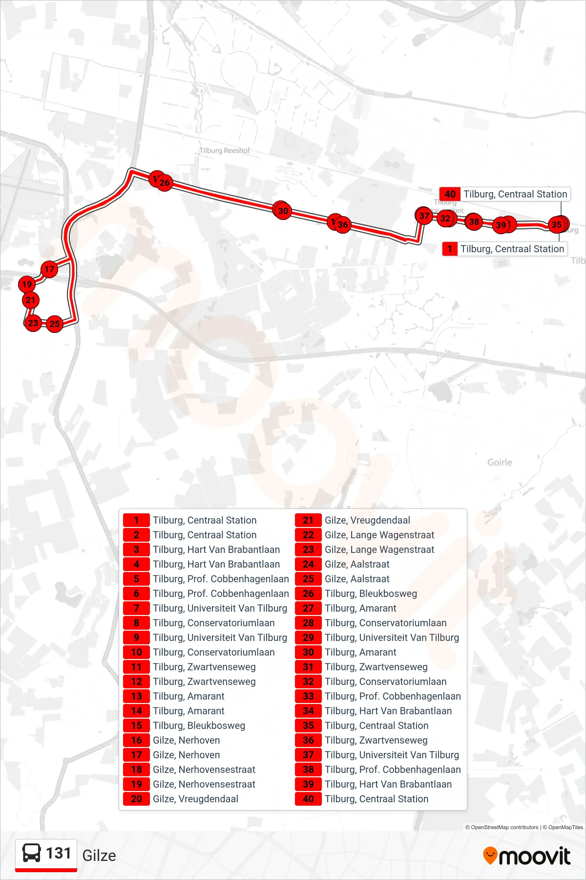 Lijn 131 (bus, Gilze): route en haltes op de kaart