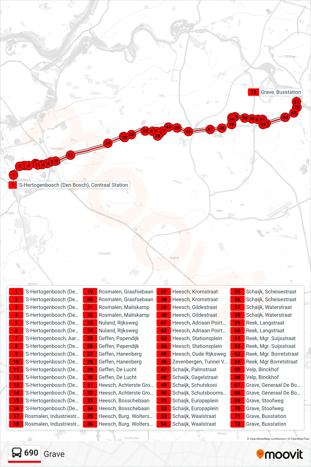 690 bus Line (Grave) route and stops on a map