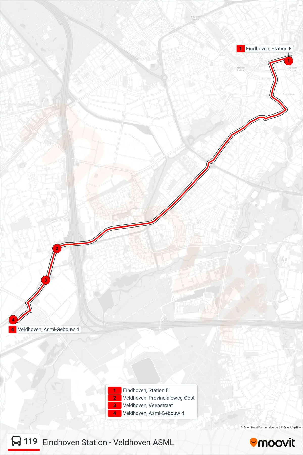 Lijn 119 (bus, Asml Veldhoven): route en haltes op de kaart