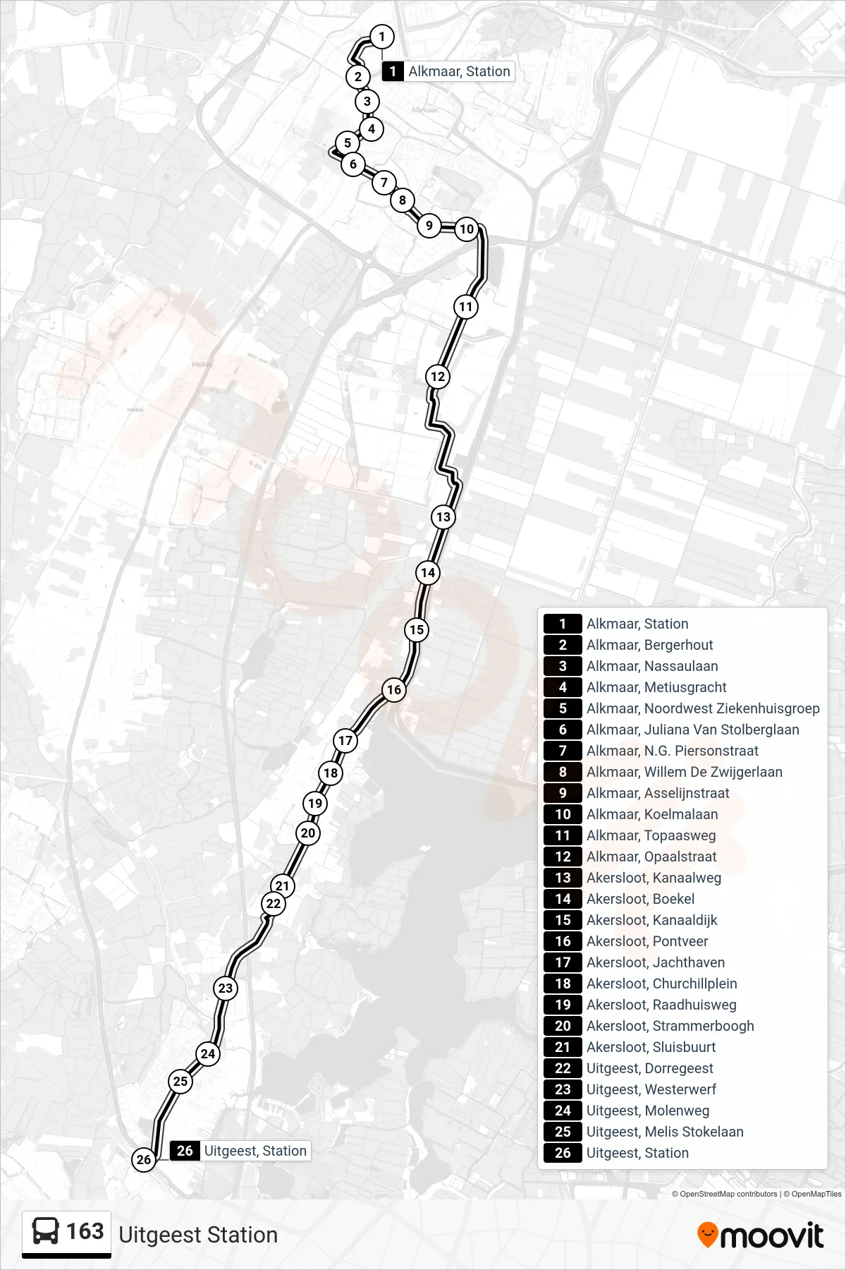 163 bus Line (Uitgeest Station) route and stops on a map