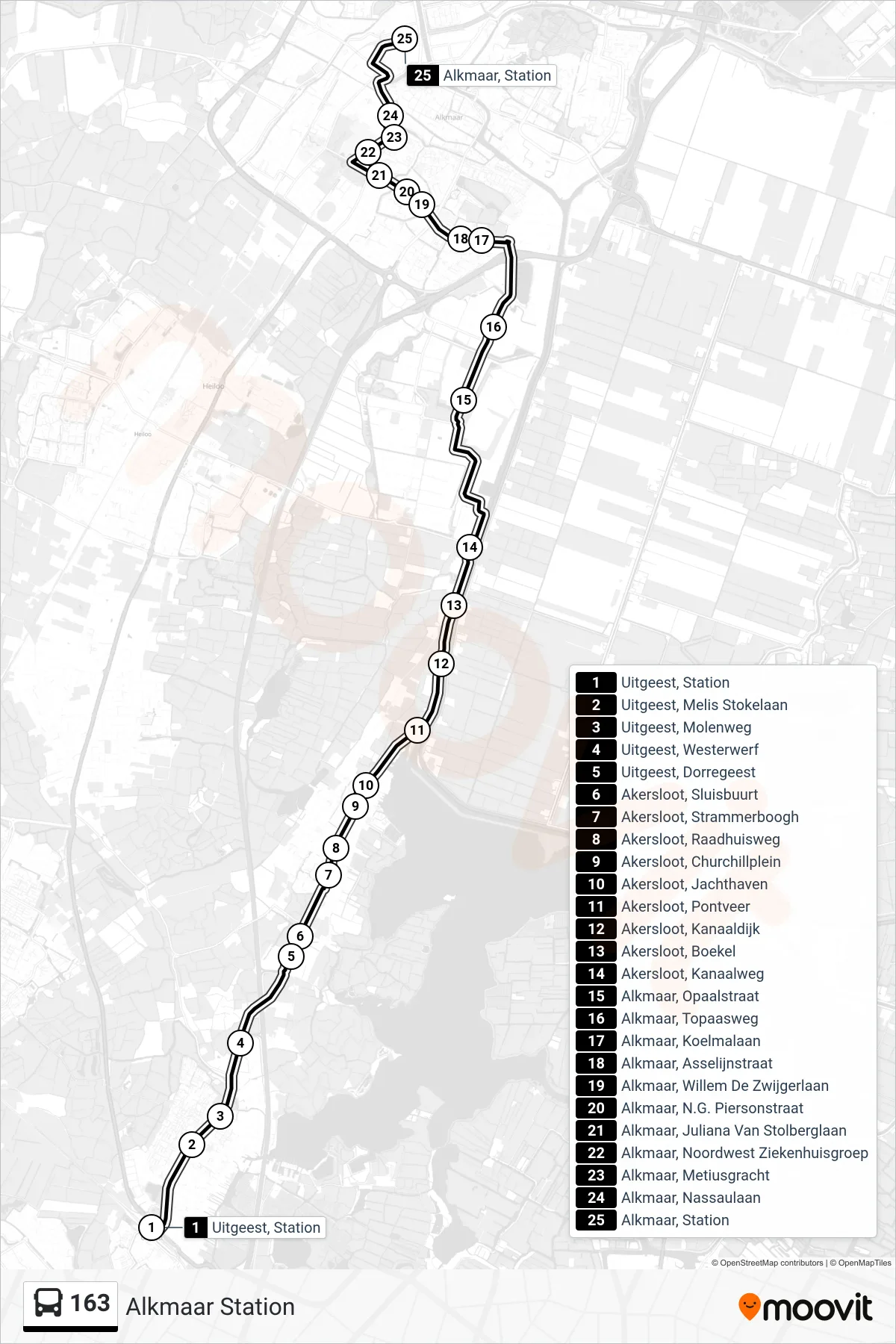Lijn 163 (bus, Alkmaar Station): route en haltes op de kaart
