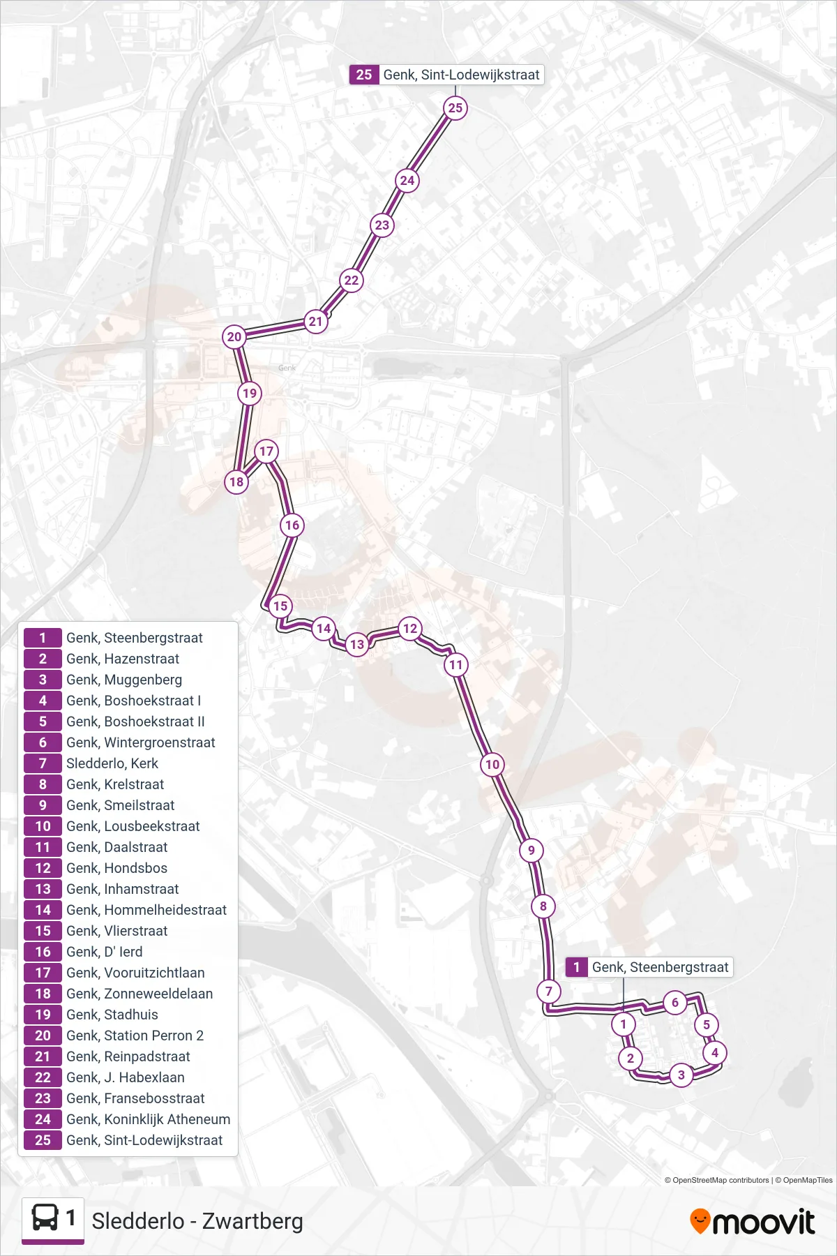 Lijn 1 (bus, Genk Sint-Lodewijkstraat): route en haltes op de kaart