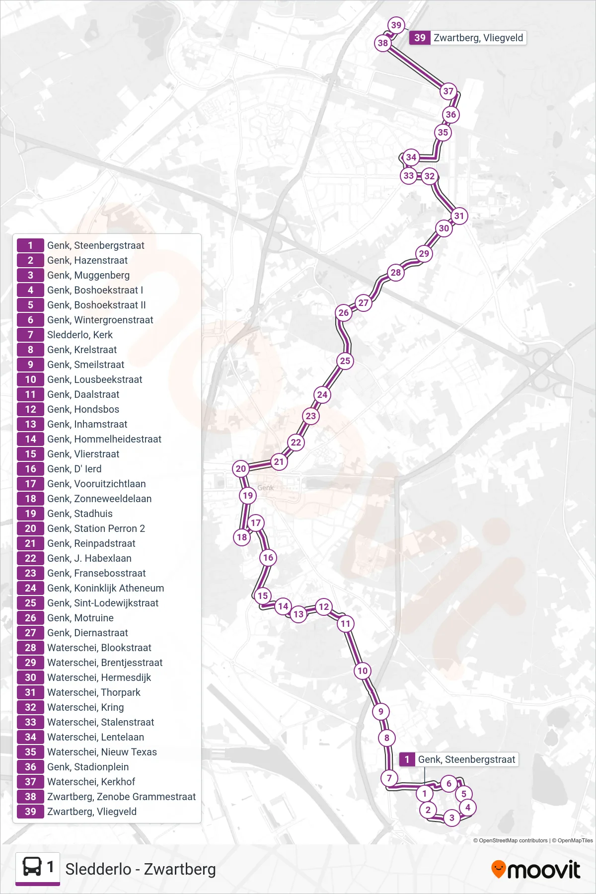 Lijn 1 (bus, Zwartberg Vliegveld): route en haltes op de kaart