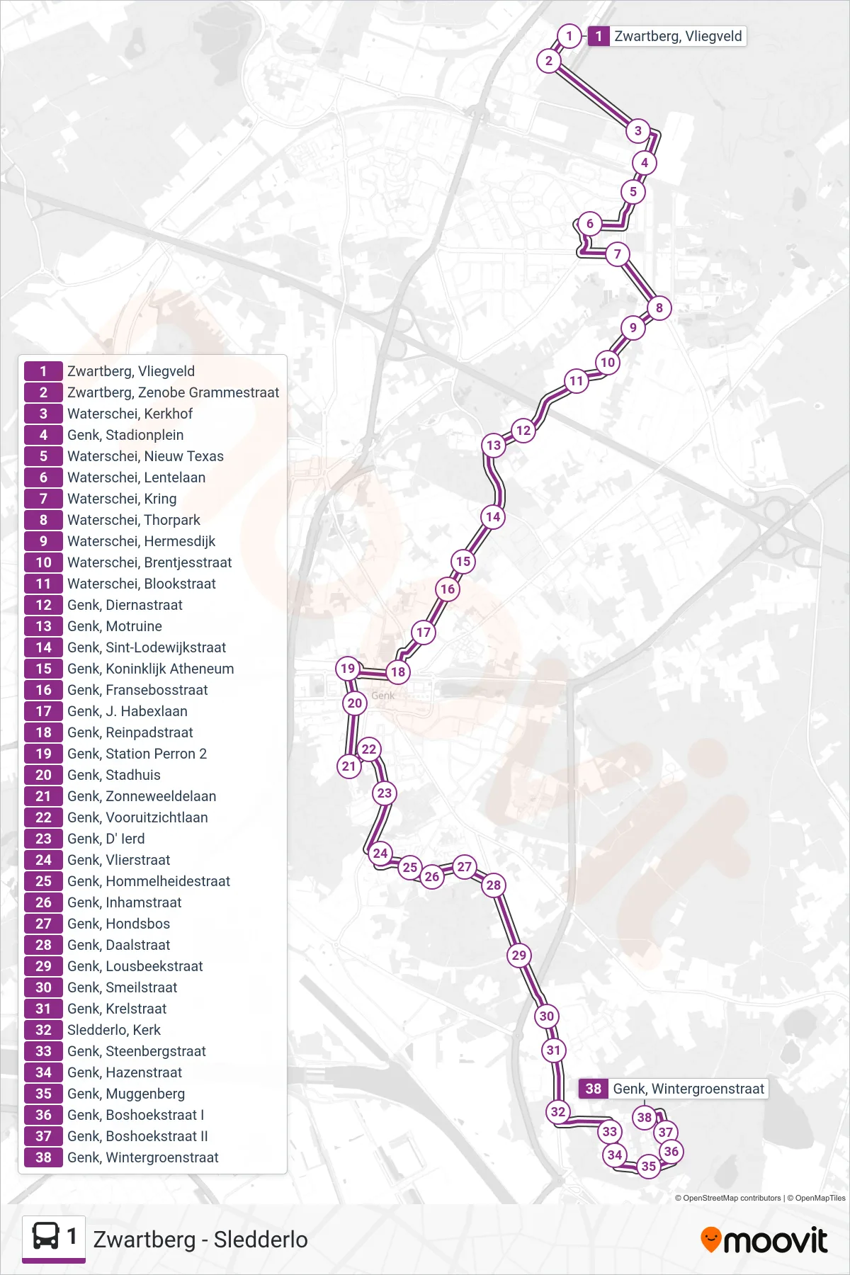 Lijn 1 (bus, Genk Wintergroenstraat): route en haltes op de kaart
