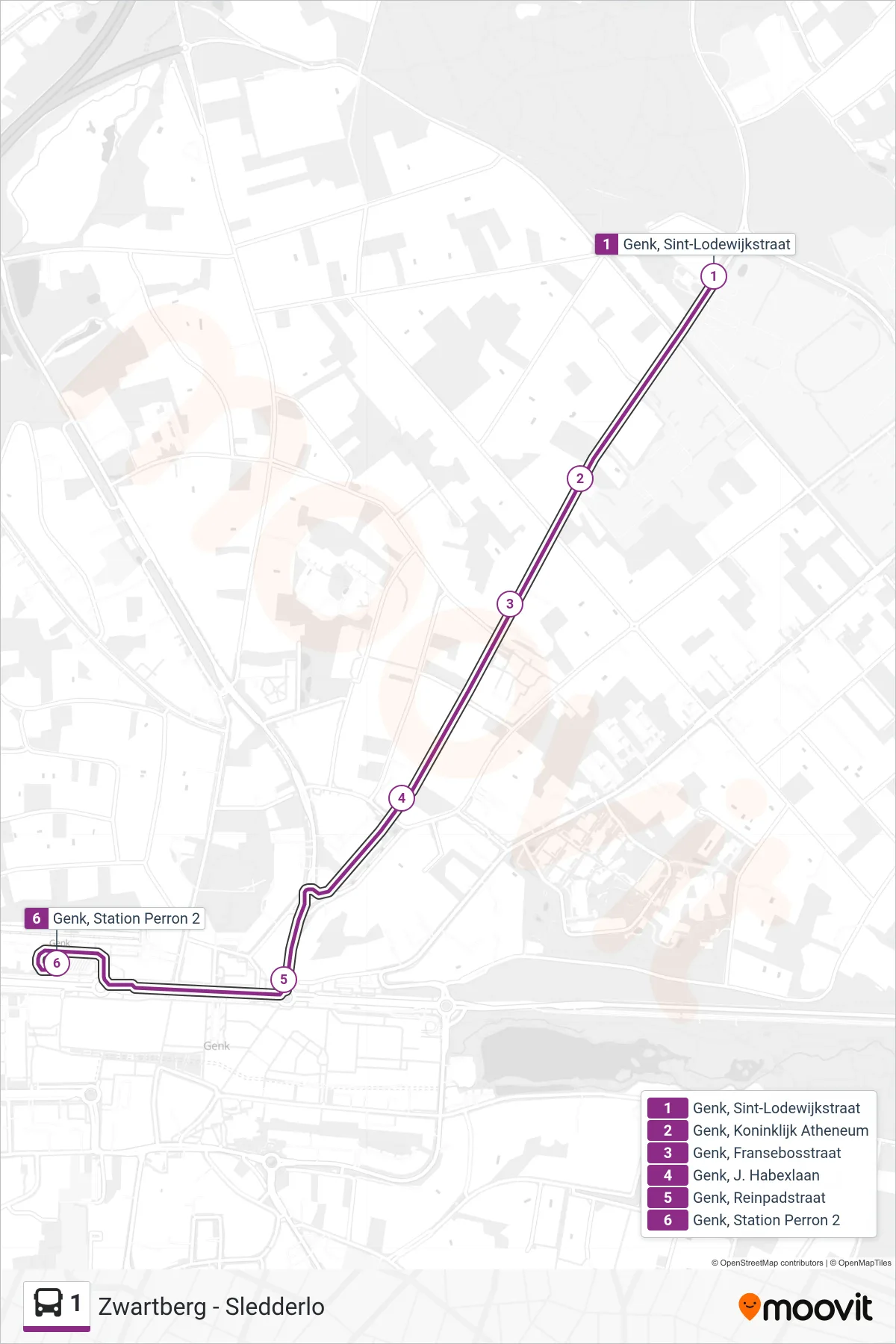 Lijn 1 (bus, Genk Station Perron 2): route en haltes op de kaart