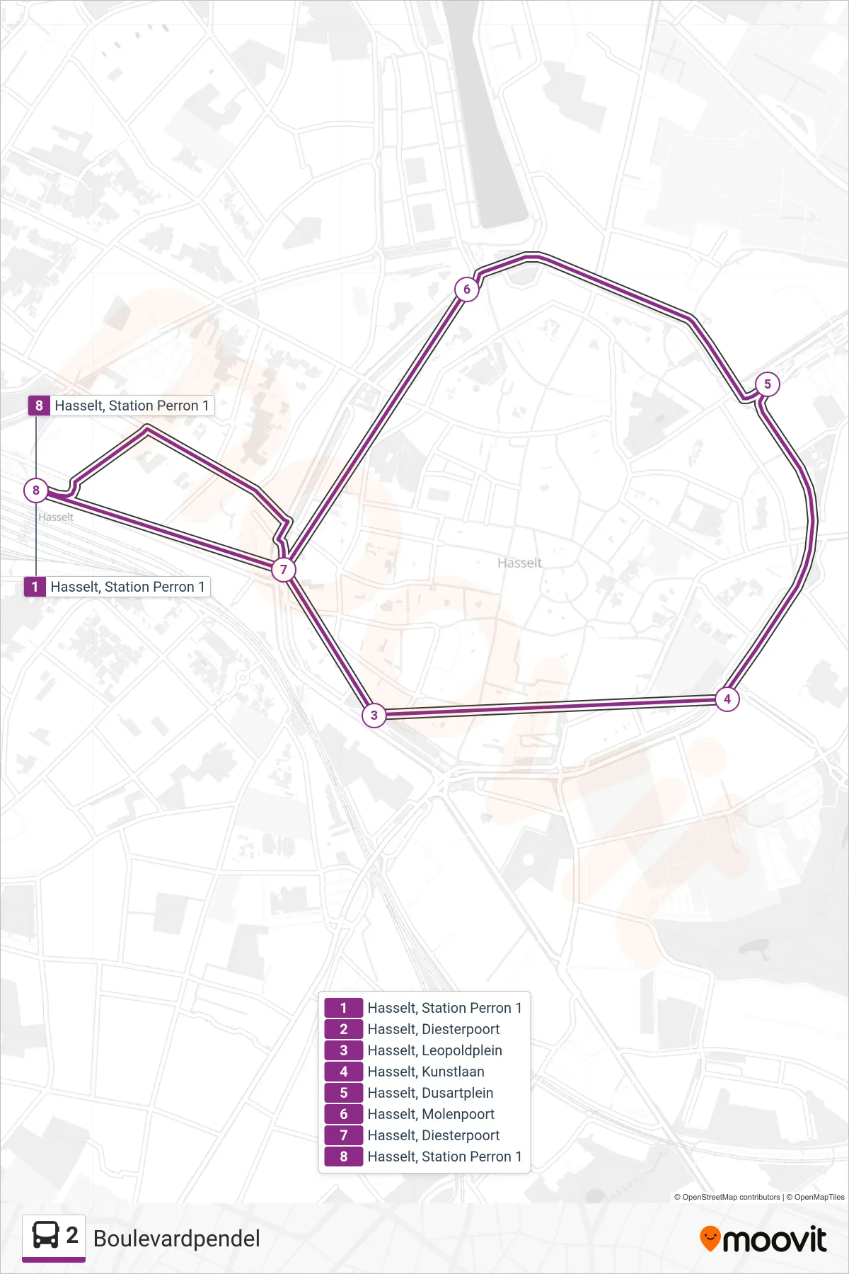 Lijn 2 (bus, Hasselt Station Perron 1): route en haltes op de kaart
