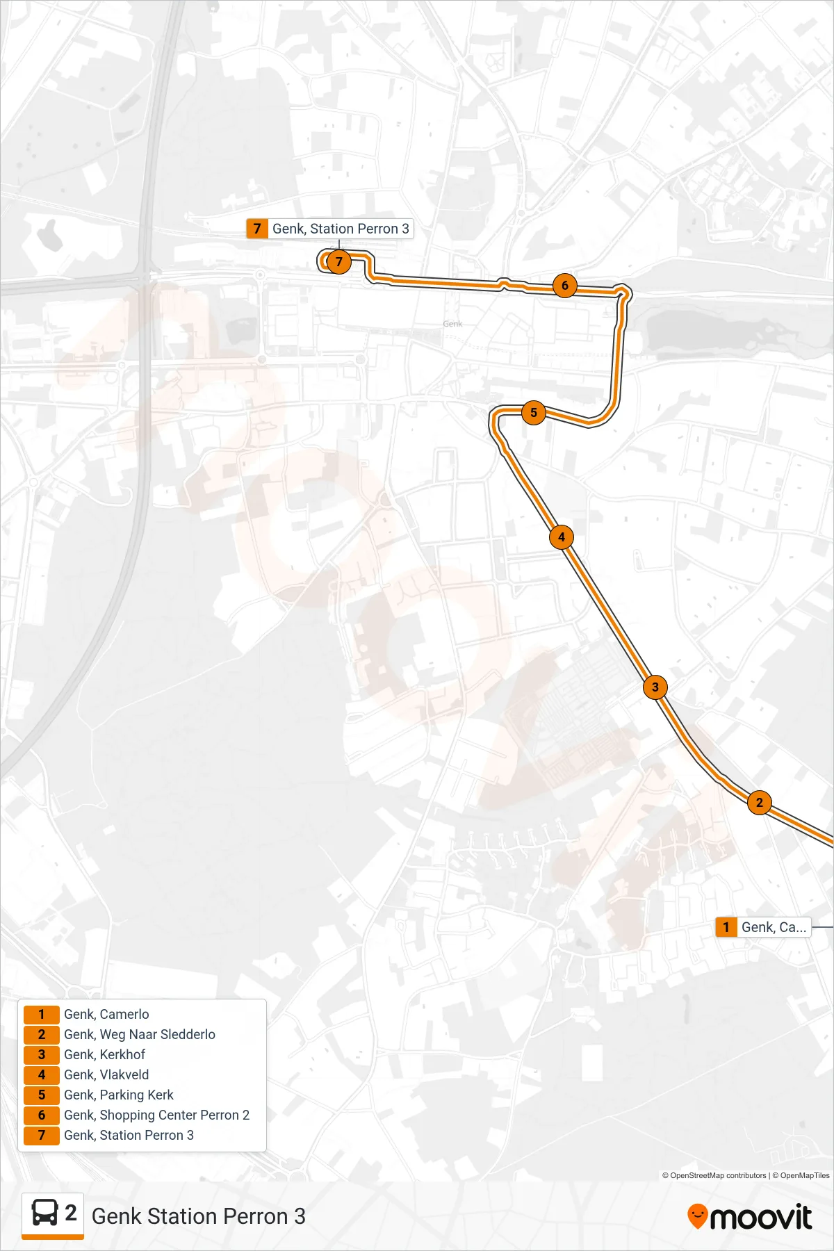 Lijn 2 (bus, Genk Station Perron 3): route en haltes op de kaart