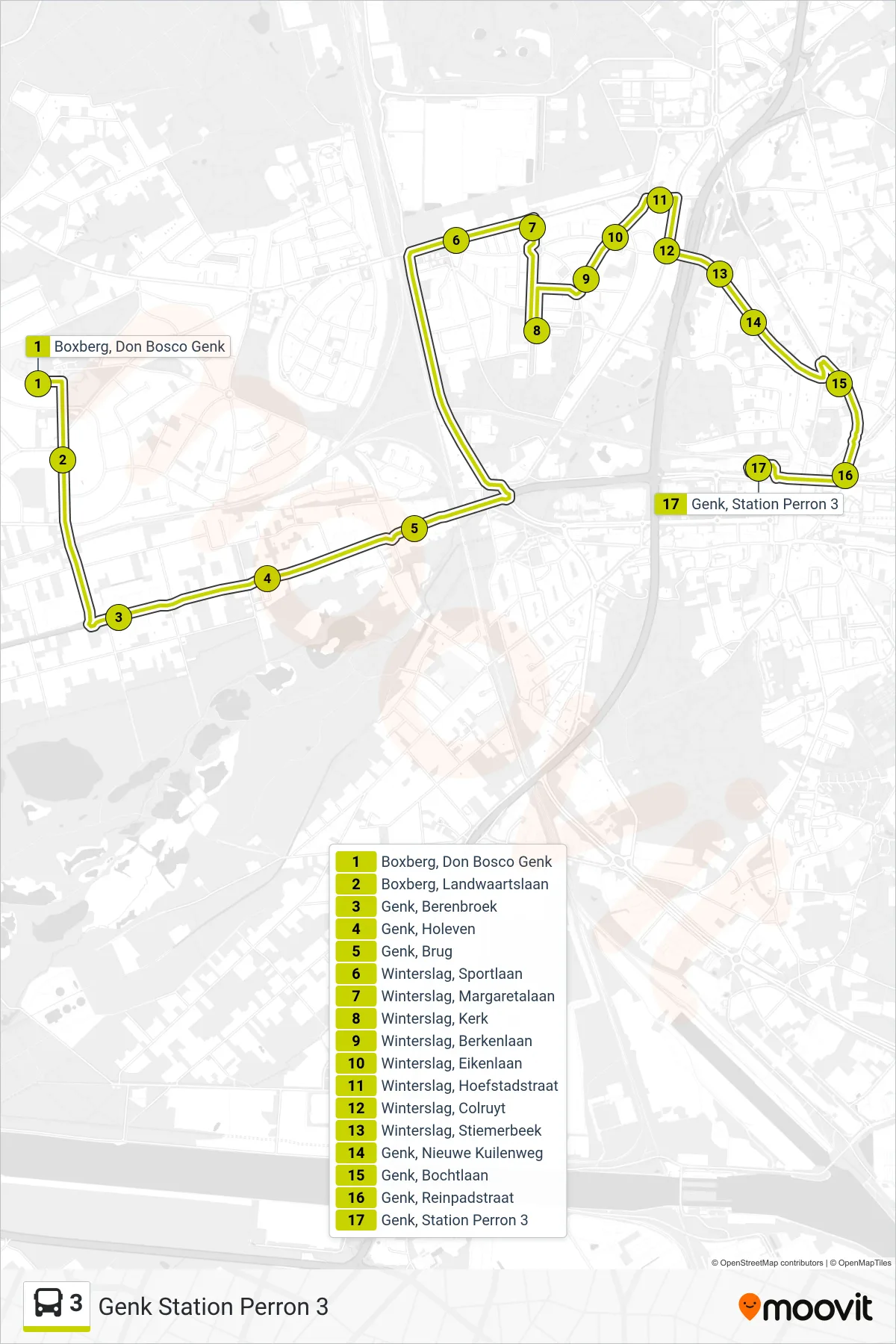 Lijn 3 (bus, Genk Station Perron 3): route en haltes op de kaart