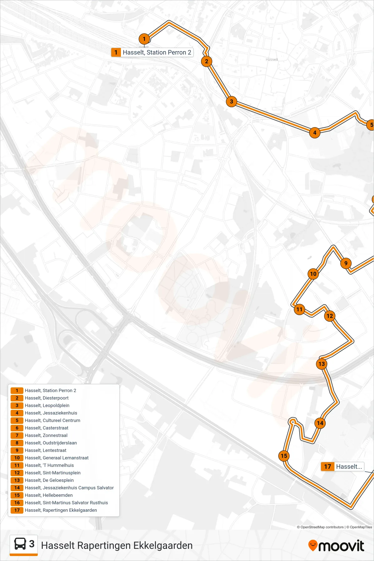 Lijn 3 (bus, Hasselt Rapertingen Ekkelgaarden): route en haltes op de kaart